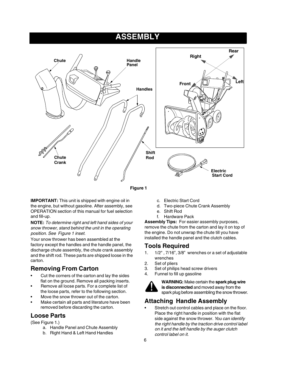 Assembly, Removing from carton, Loose parts | Tools required, Attaching handle assembly | Craftsman 247.88854 User Manual | Page 6 / 64