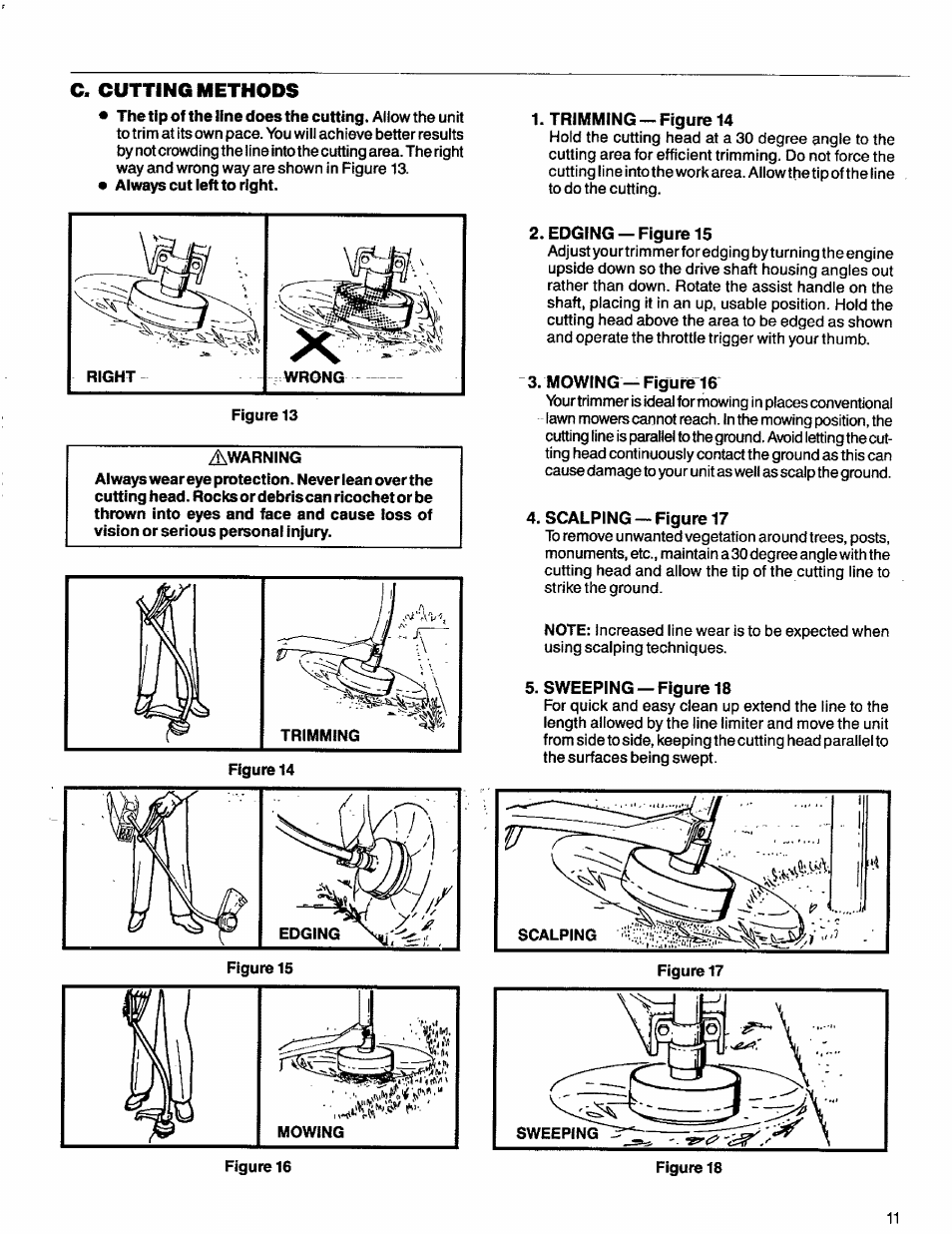 Trimming — figure 14, Edging — figure 15, Mowing — figure 16 | Scalping —figure 17, Sweeping —figuréis | Craftsman 358.796131- User Manual | Page 11 / 28