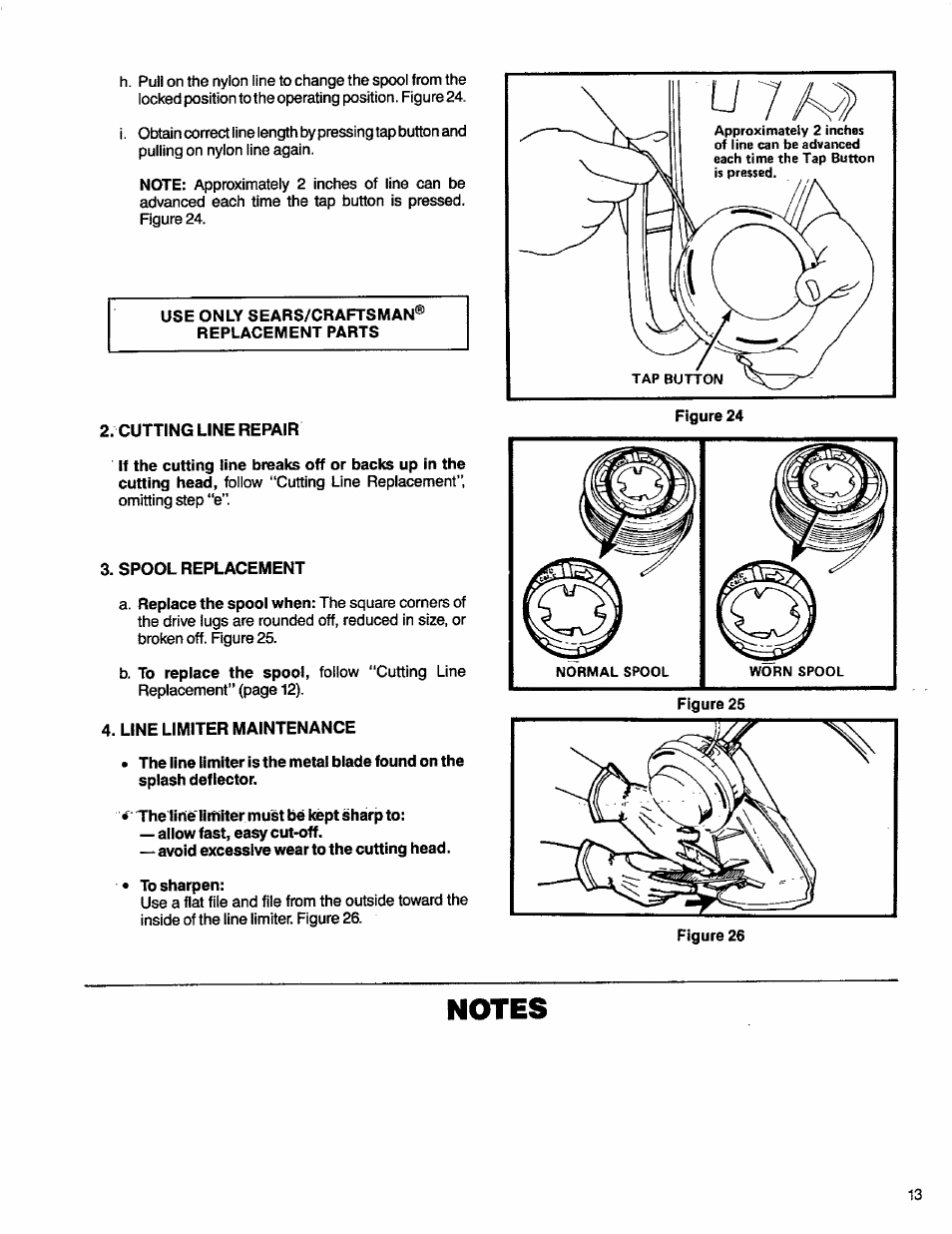 Cutting line repair, Spool replacement, Line limiter maintenance | Notes | Craftsman 358.796131- User Manual | Page 13 / 28