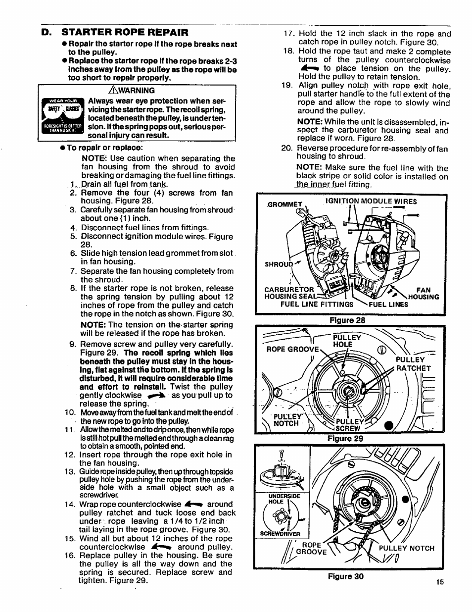 D. starter rope repair, Starter rope repair | Craftsman 358.796131- User Manual | Page 15 / 28