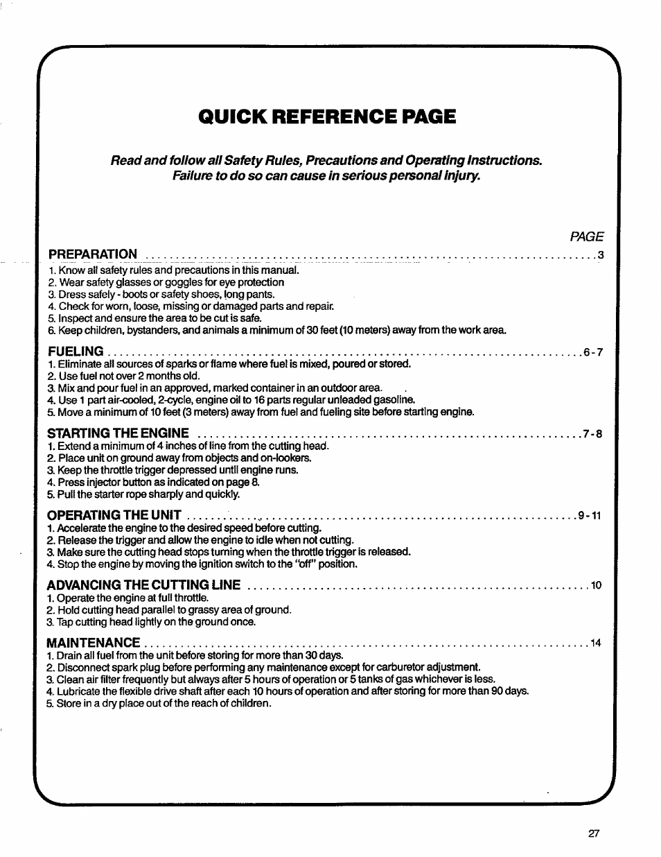 Quick reference page, Preparation, Starting the engine -8 | Craftsman 358.796131- User Manual | Page 27 / 28