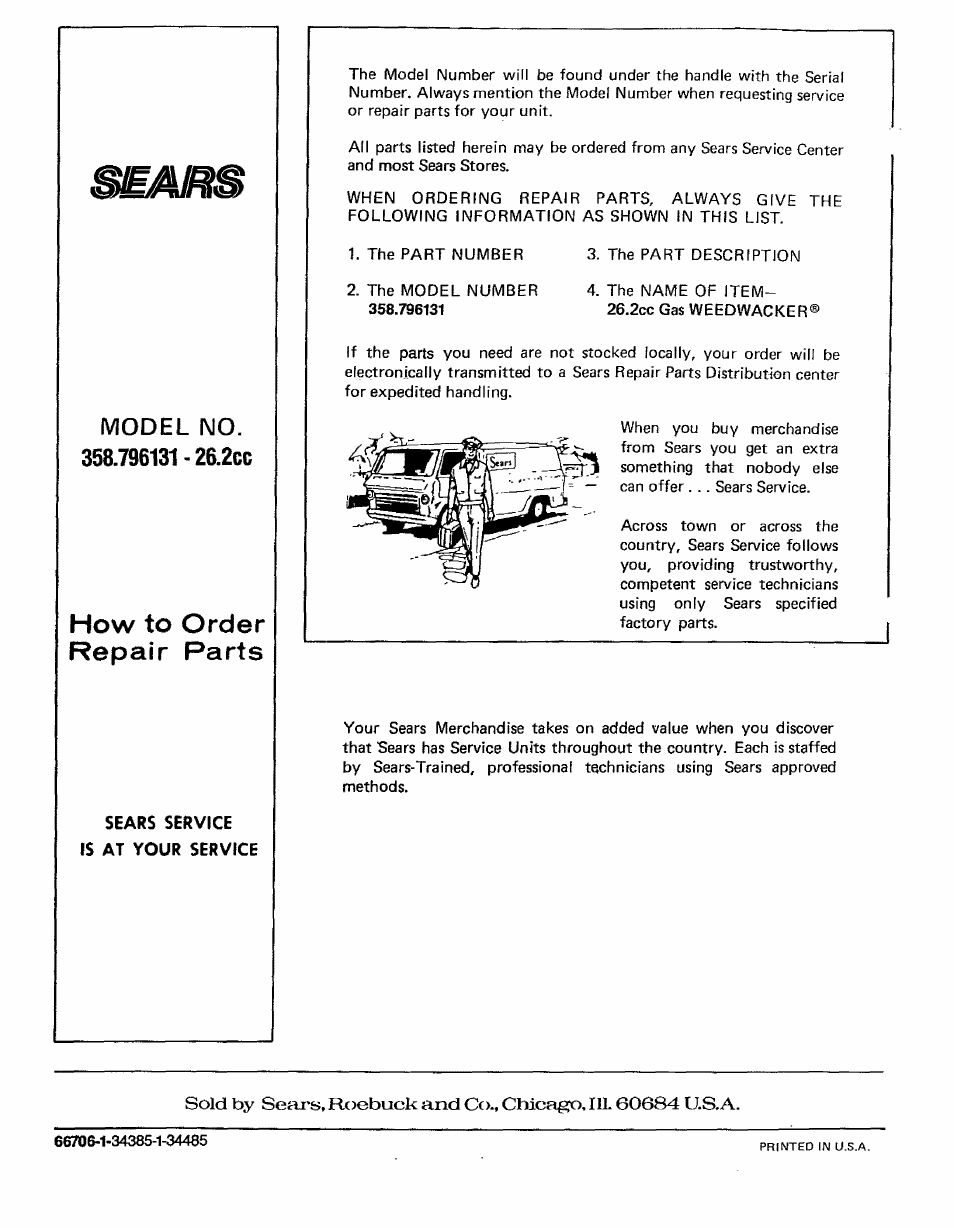 Sears service is at your service, Model no, How to order repair parts | Craftsman 358.796131- User Manual | Page 28 / 28