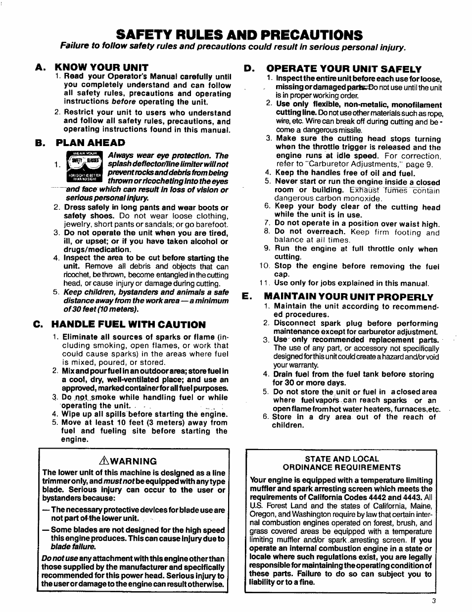 Safety rules and precautions, A. know your unit, B. plan ahead | C. handle fuel with caution, D. operate your unit safely, E. maintain your unit properly, Handle fuel with caution | Craftsman 358.796131- User Manual | Page 3 / 28