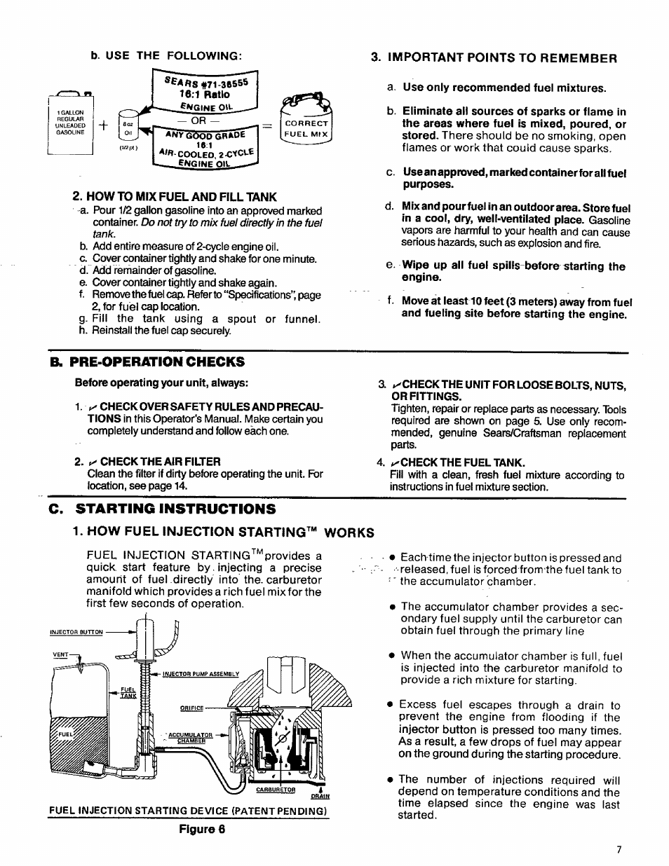 B. pre-operation checks, Pre-operation checks, How to mix fuel and fill tank | How fuel injection starting™ works, Figure 6, C. starting instructions | Craftsman 358.796131- User Manual | Page 7 / 28