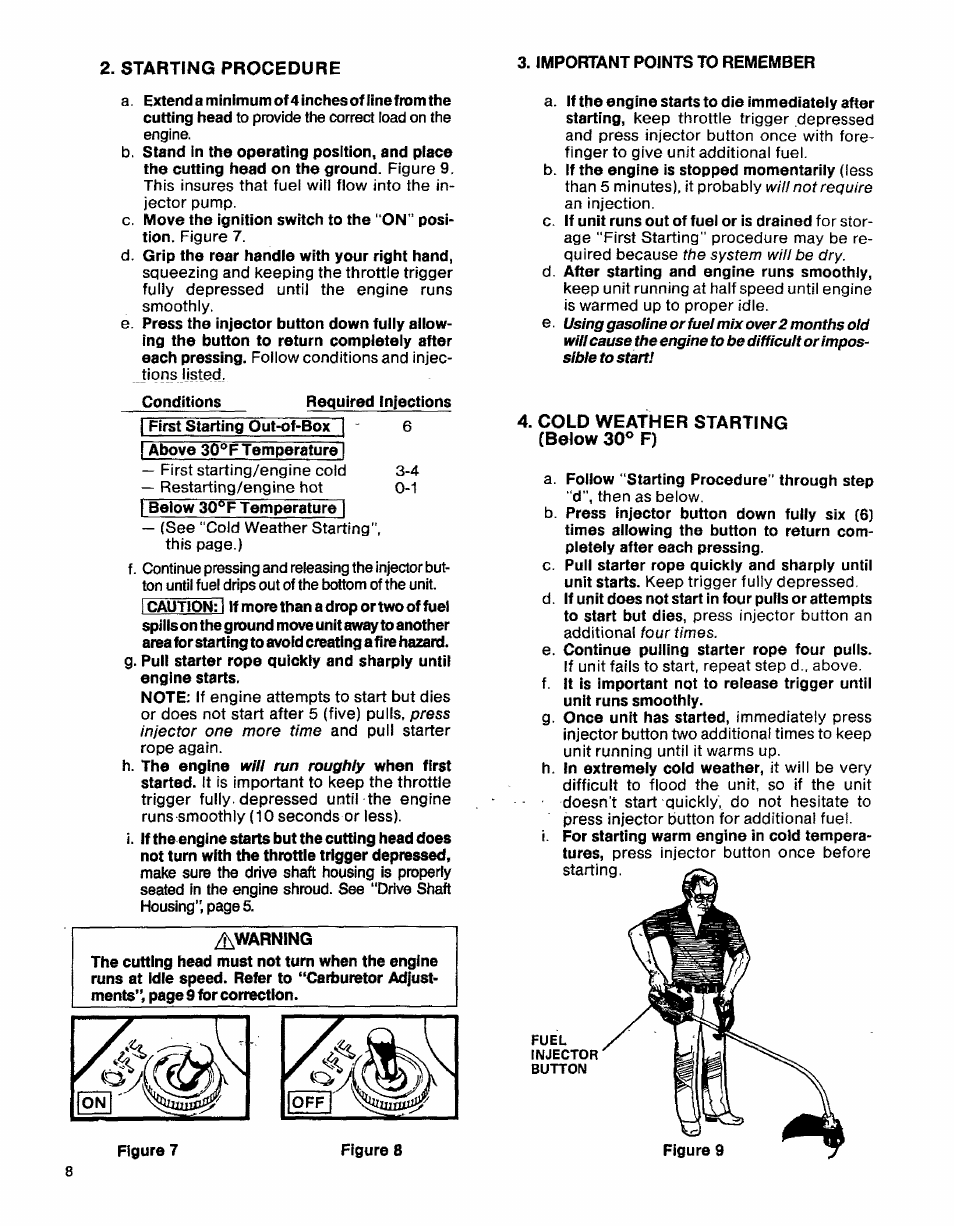 Warning, Cold weather starting (below 30° f) | Craftsman 358.796131- User Manual | Page 8 / 28