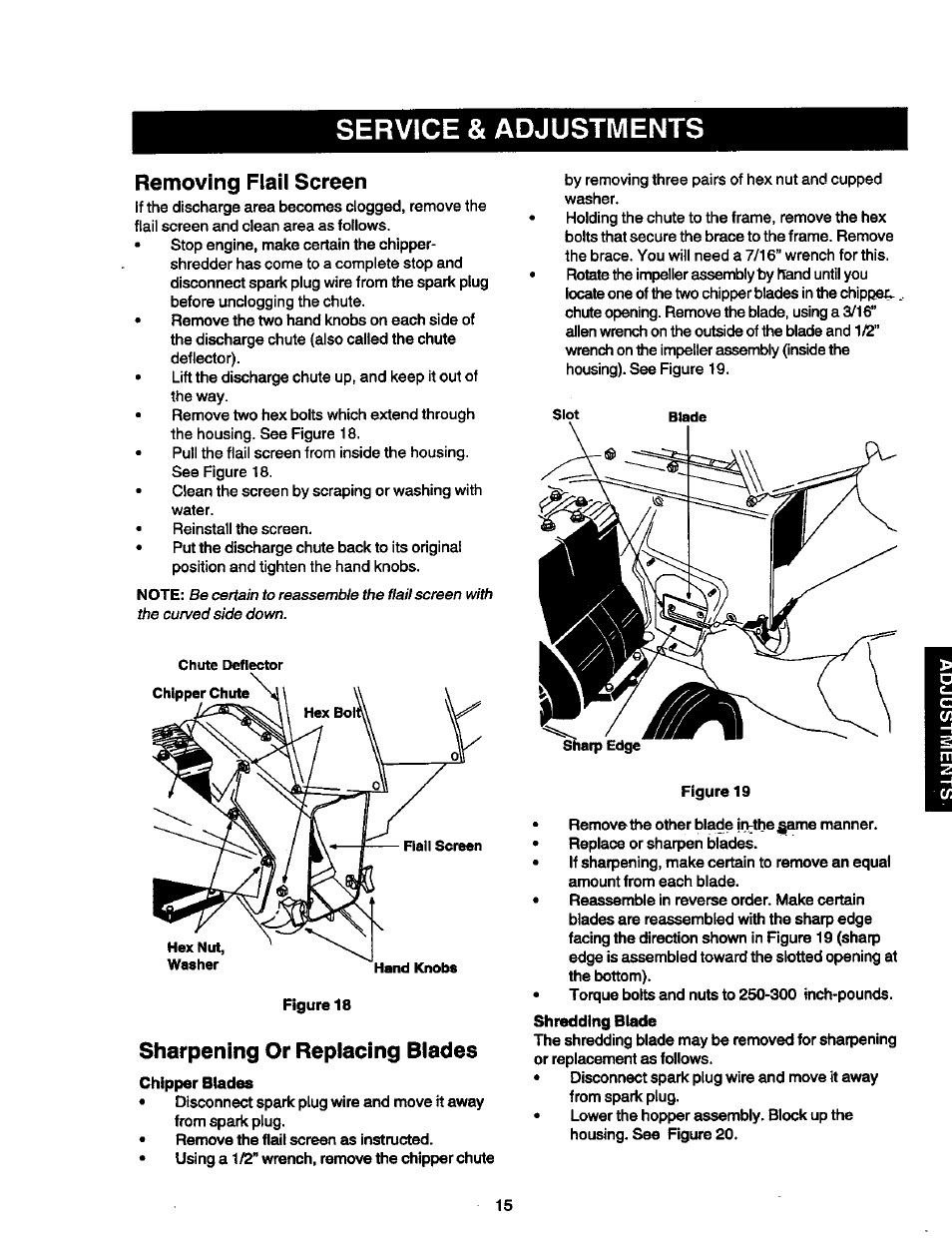 Service & adjustments, Removing flail screen, Sharpening or replacing blades | Craftsman 247.775890 User Manual | Page 15 / 28