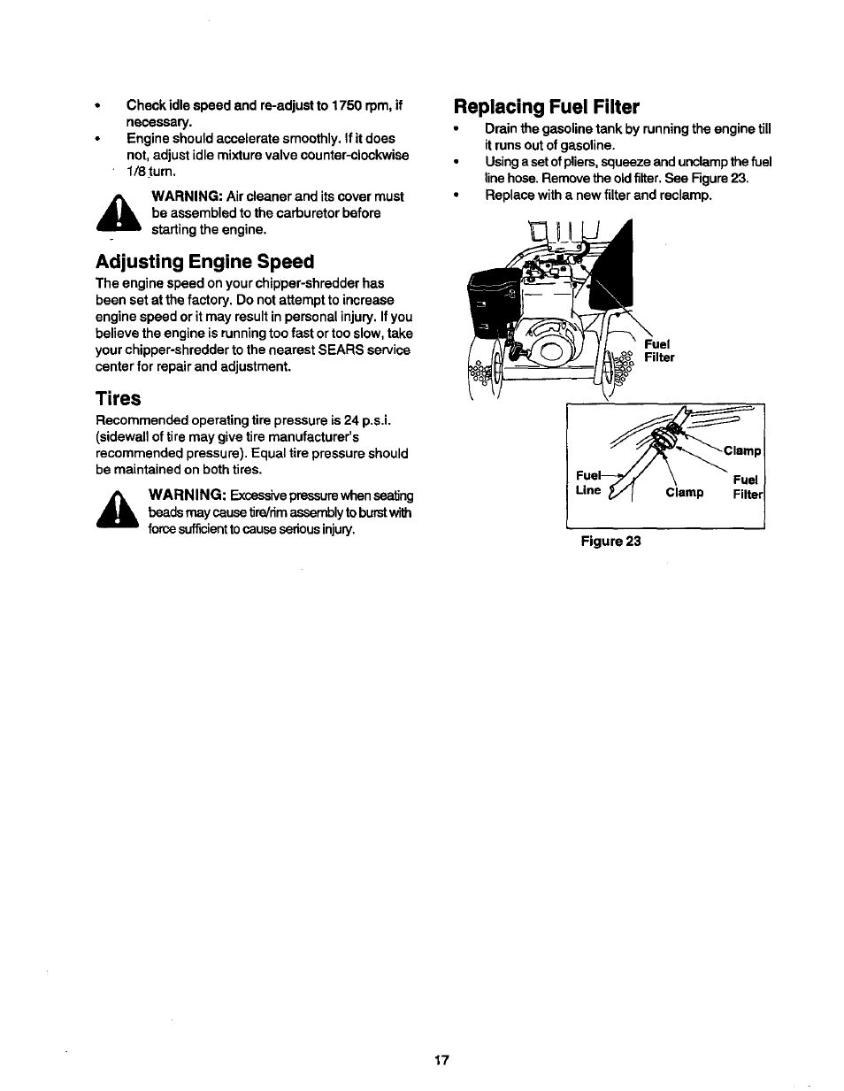 Adjusting engine speed, Tires, Replacing fuel filter | Craftsman 247.775890 User Manual | Page 17 / 28