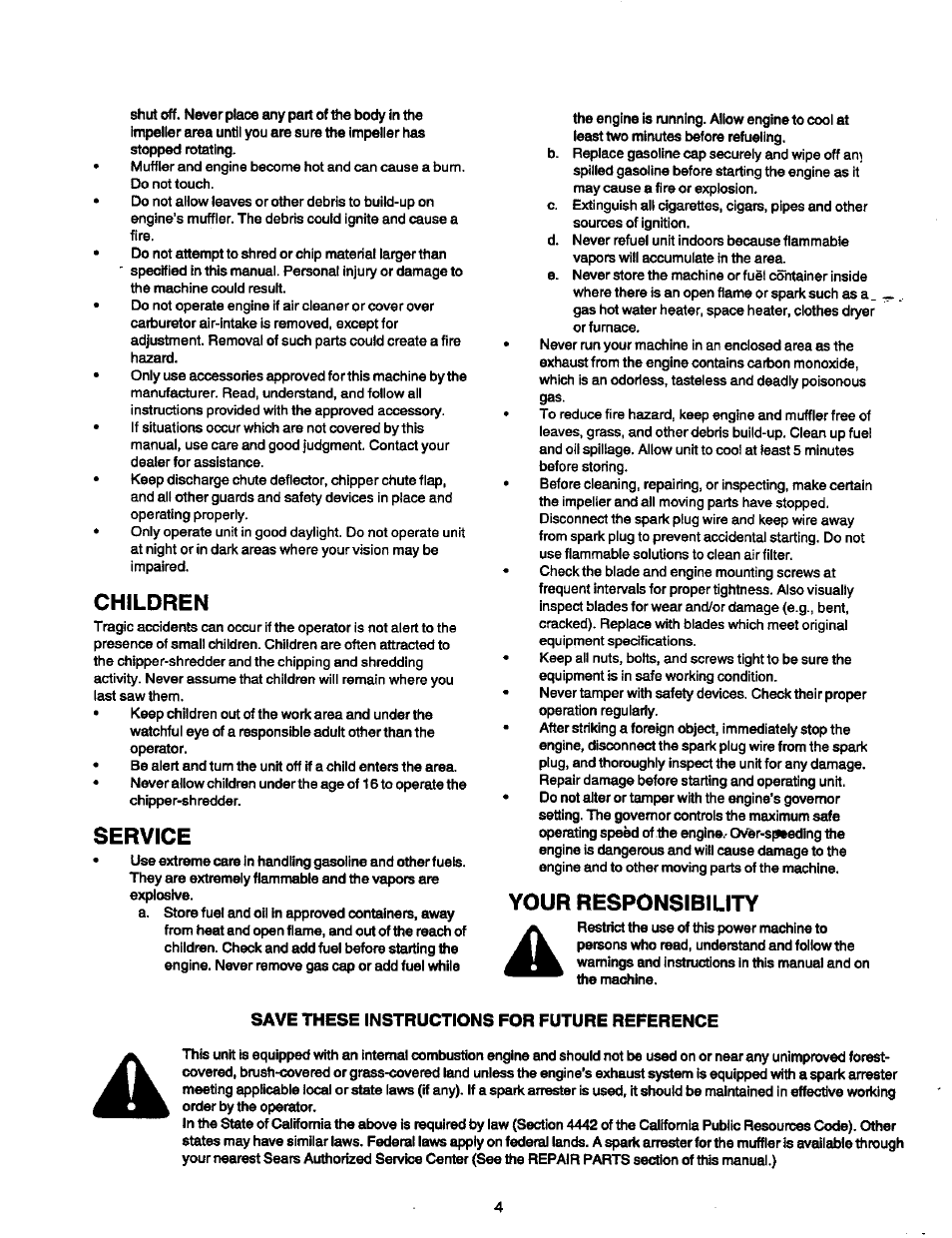 Children, Service, Your responsibility | Craftsman 247.775890 User Manual | Page 4 / 28