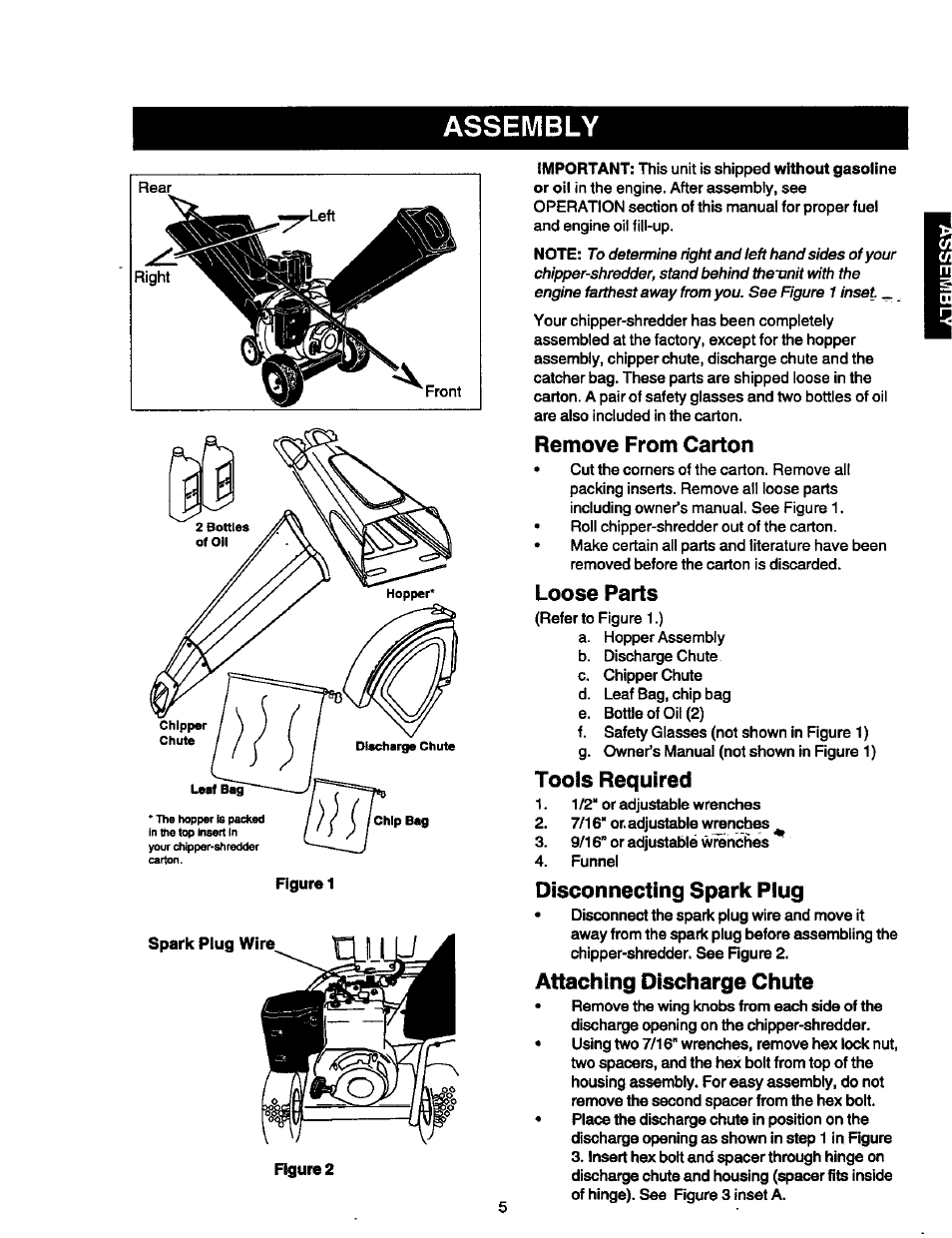 Assembly, Remove from carton, Loose parts | Tools required, Disconnecting spark plug, Attaching discharge chute | Craftsman 247.775890 User Manual | Page 5 / 28