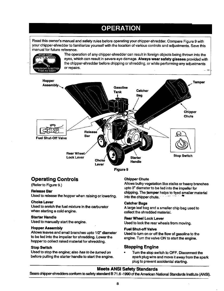 Operation, Stopping engine, Meets ansi safety standards | Operating controls | Craftsman 247.775890 User Manual | Page 8 / 28