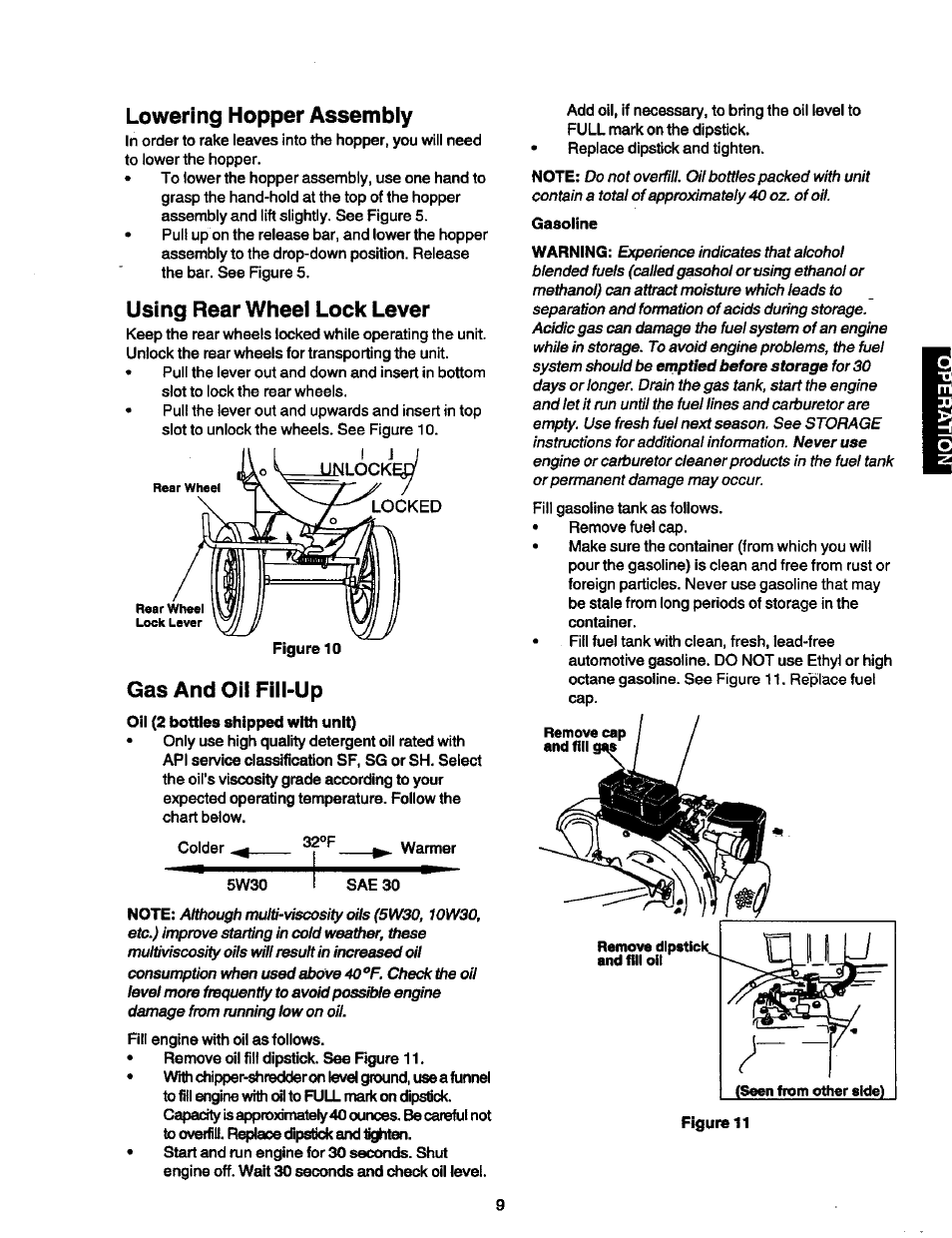 Lowering hopper assembly, Using rear wheel lock lever, Gas and oil fill-up | Craftsman 247.775890 User Manual | Page 9 / 28