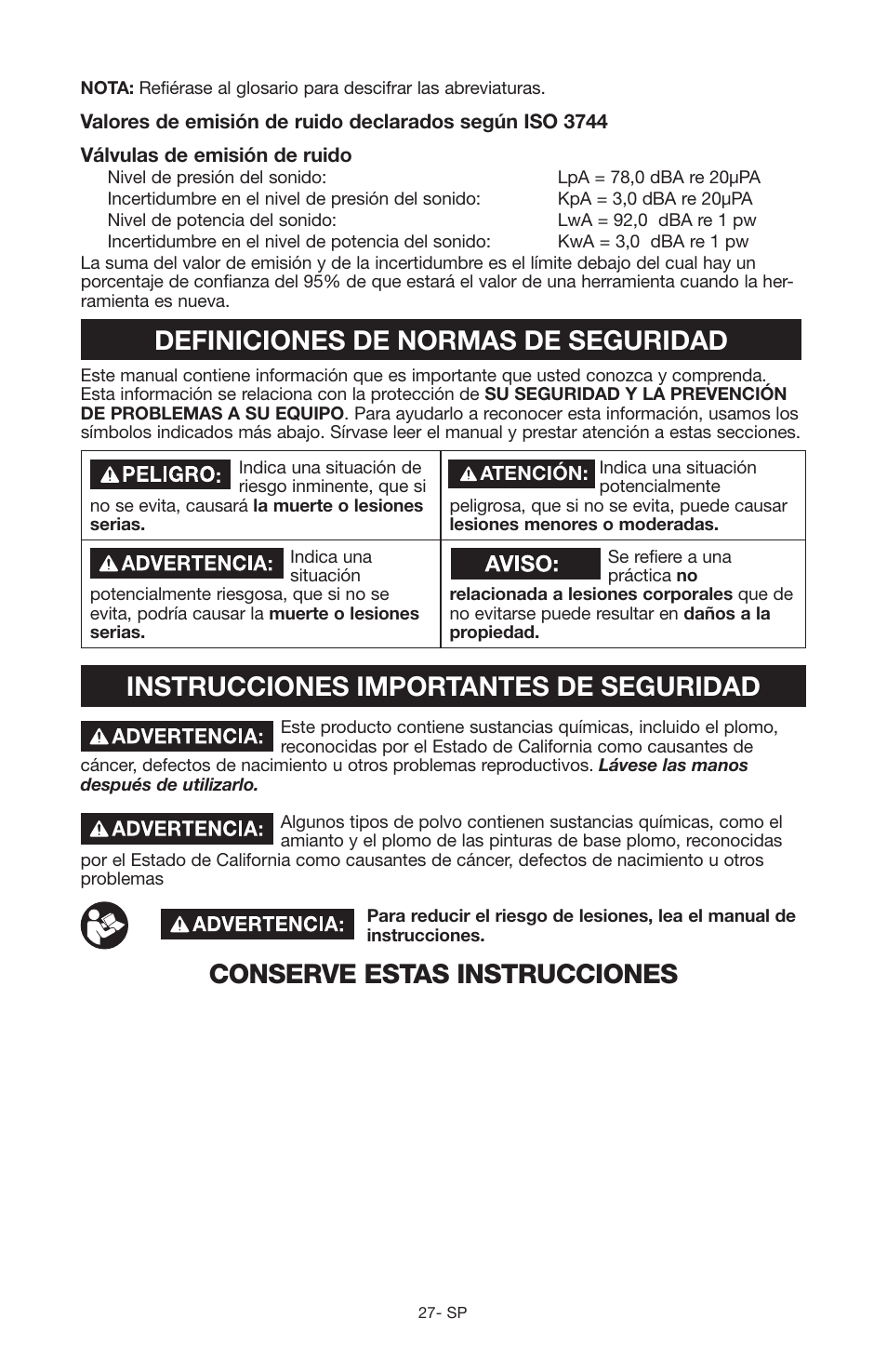 Definiciones de normas de seguridad, Instrucciones importantes de seguridad, Conserve estas instrucciones | Craftsman 919.167551 User Manual | Page 23 / 44