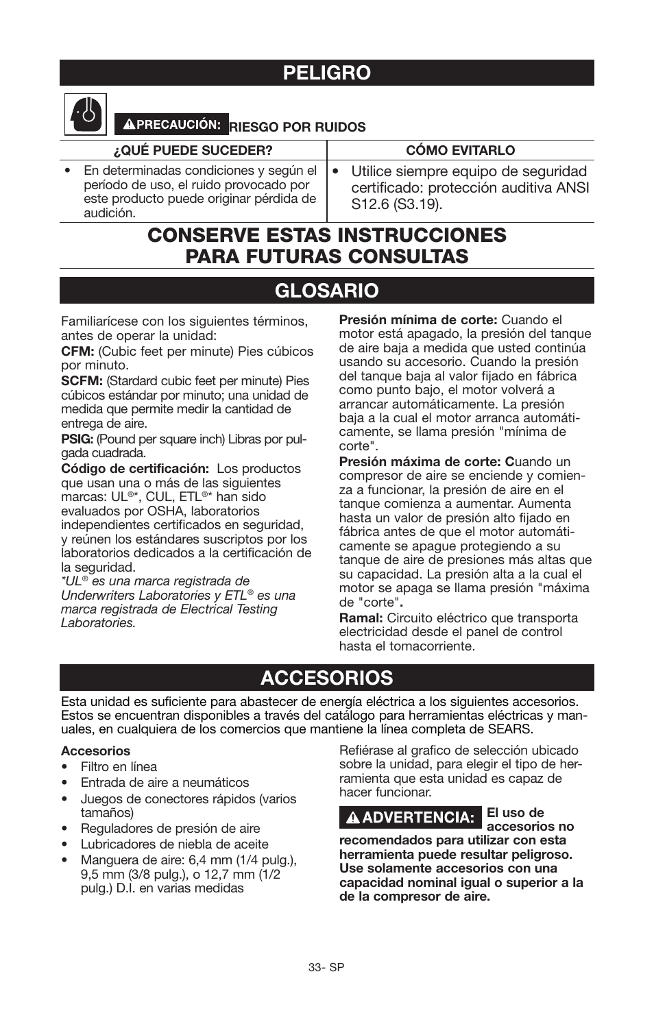 Peligro, Glosario | Craftsman 919.167551 User Manual | Page 29 / 44