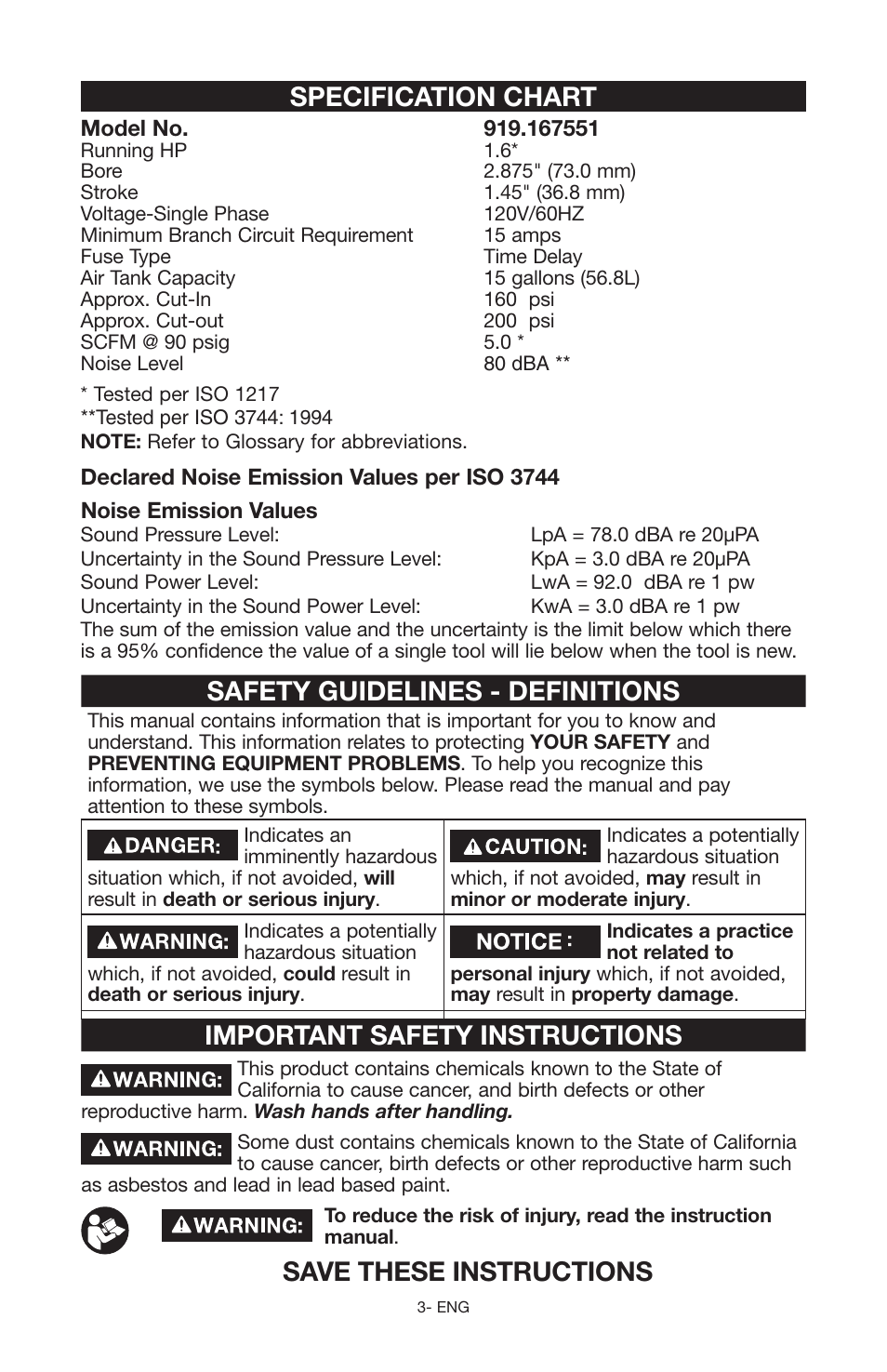 Safety guidelines - definitions, Important safety instructions, Save these instructions | Specification chart | Craftsman 919.167551 User Manual | Page 3 / 44