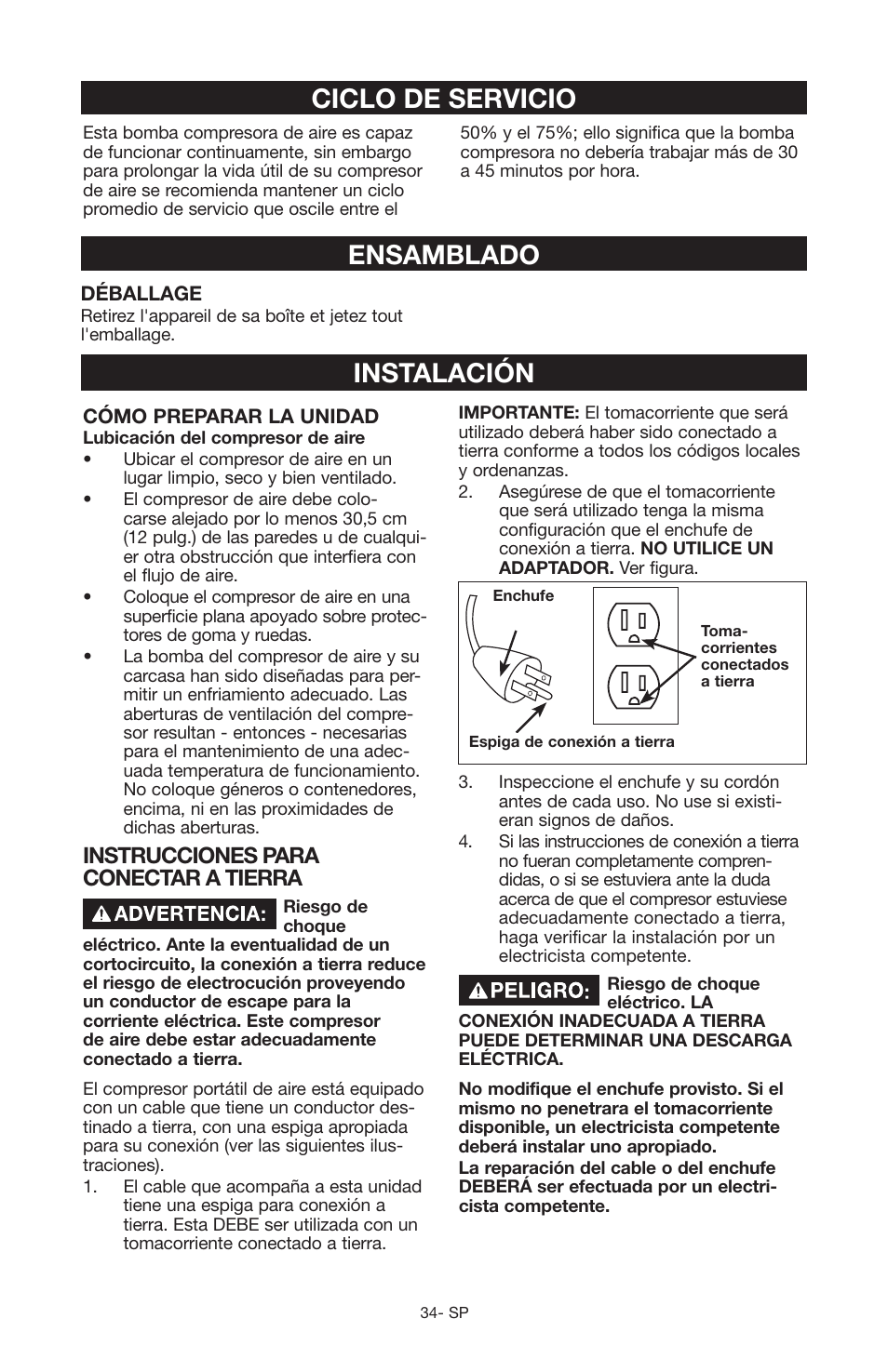 Ensamblado ciclo de servicio, Instalación, Instrucciones para conectar a tierra | Craftsman 919.167551 User Manual | Page 30 / 44