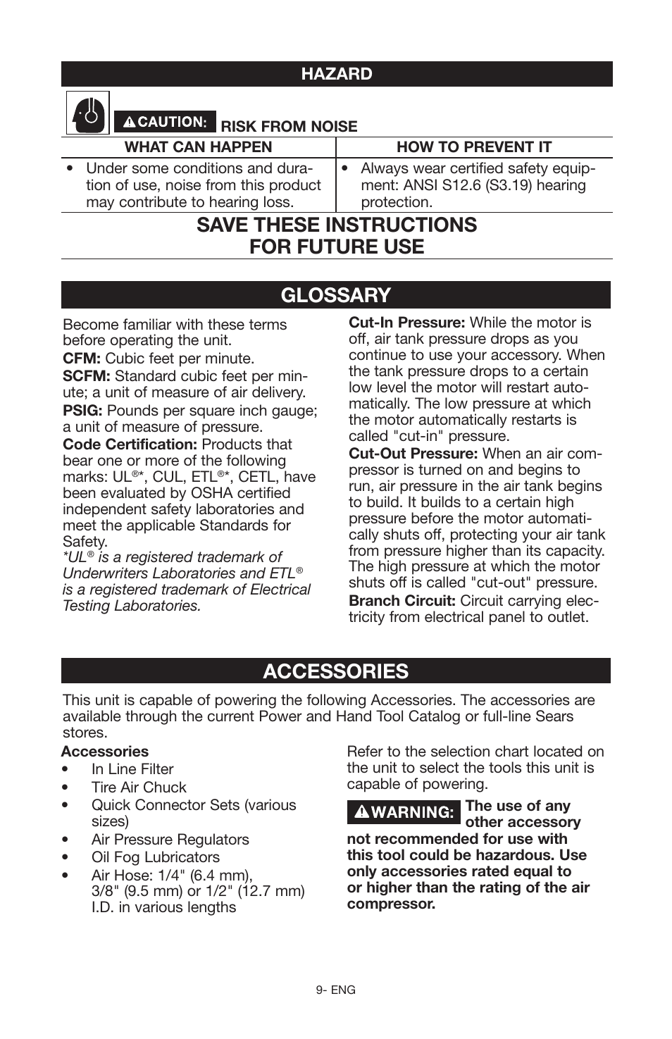 Save these instructions for future use glossary, Accessories | Craftsman 919.167551 User Manual | Page 9 / 44