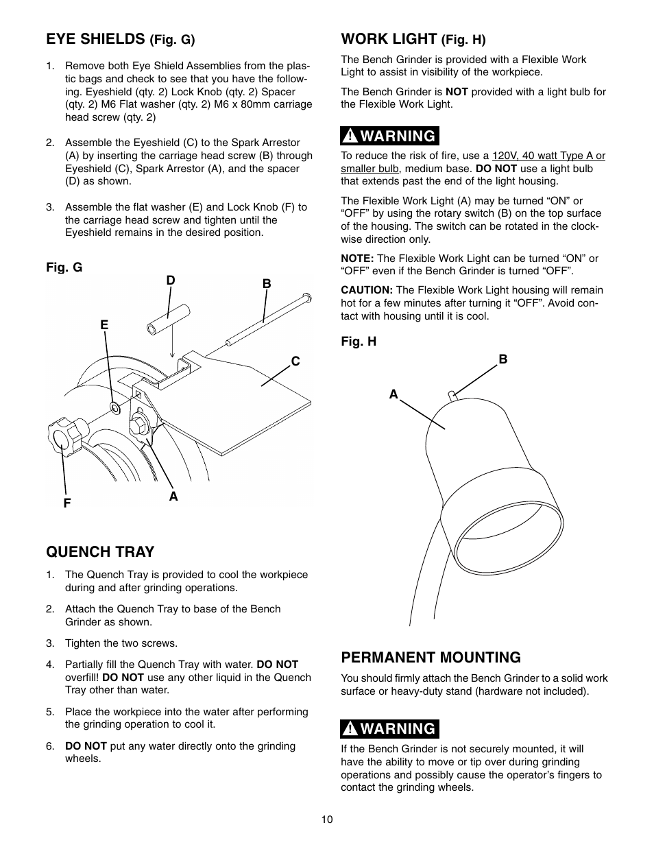 Work light, Warning, Permanent mounting | Eye shields, Quench tray | Craftsman 152.22018 User Manual | Page 10 / 19