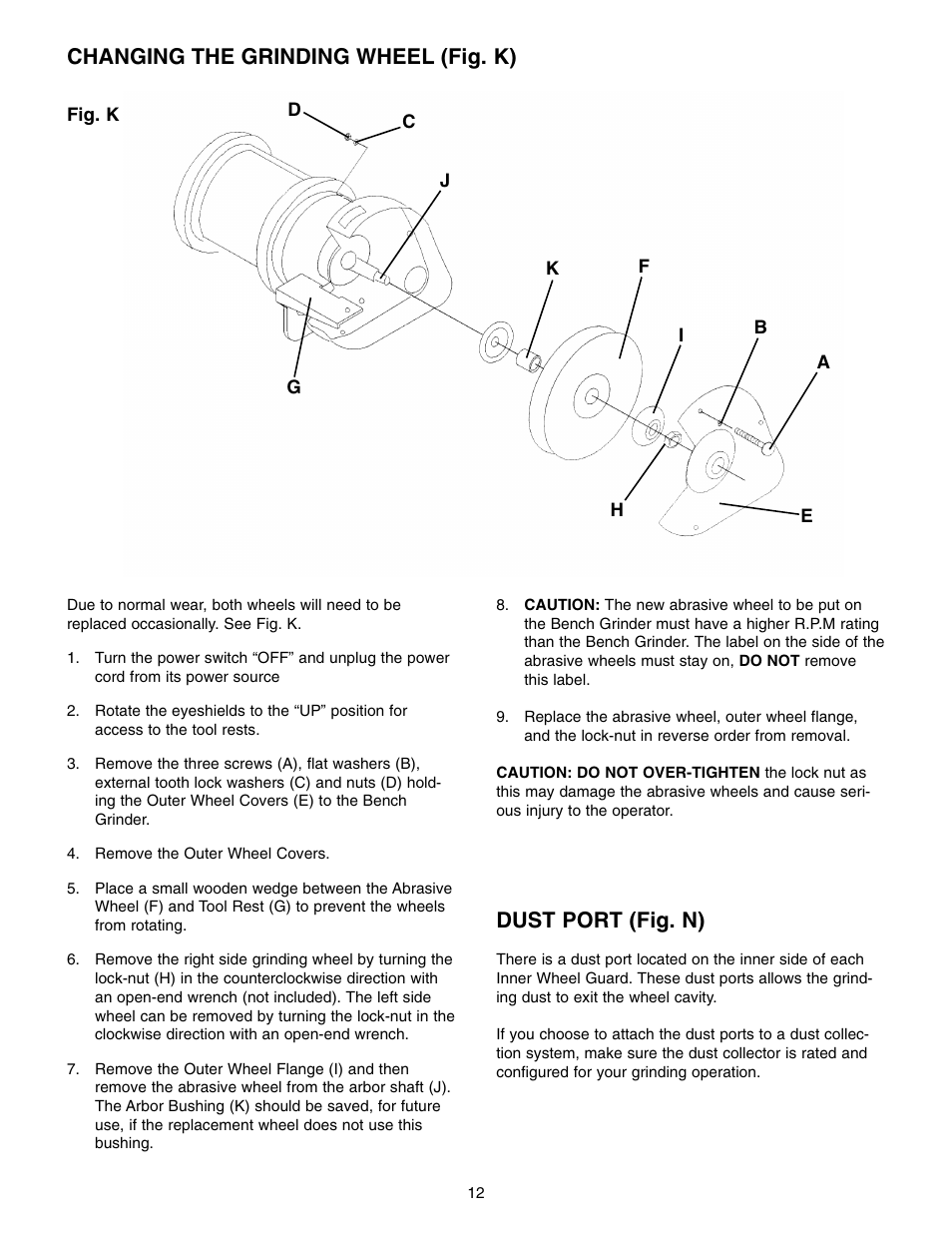 Changing the grinding wheel (fig. k), Dust port (fig. n) | Craftsman 152.22018 User Manual | Page 12 / 19
