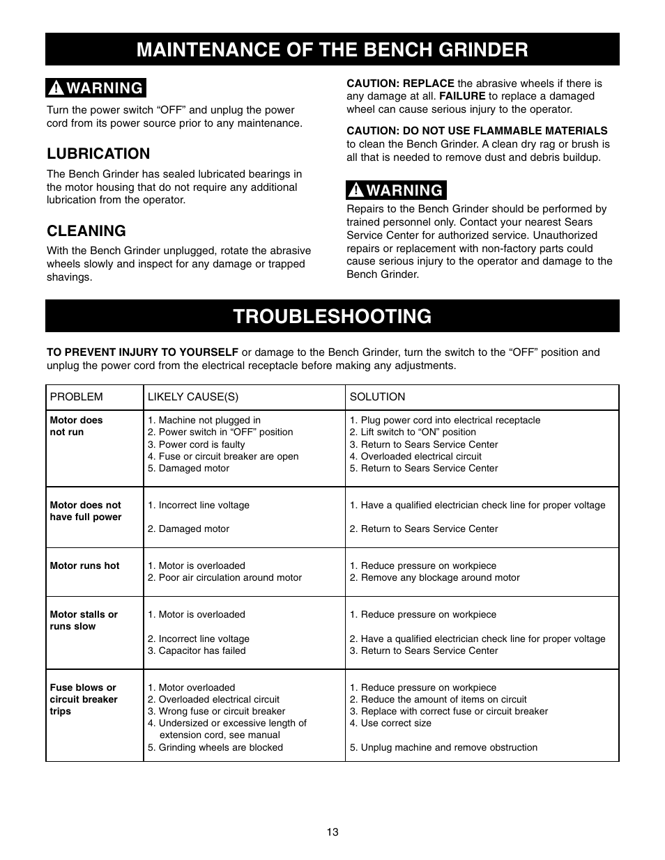 Maintenance of the bench grinder, Troubleshooting, Lubrication | Cleaning, Warning | Craftsman 152.22018 User Manual | Page 13 / 19