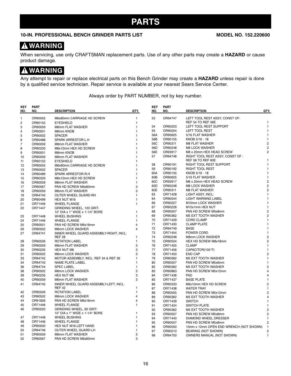 Parts, Warning | Craftsman 152.22018 User Manual | Page 16 / 19