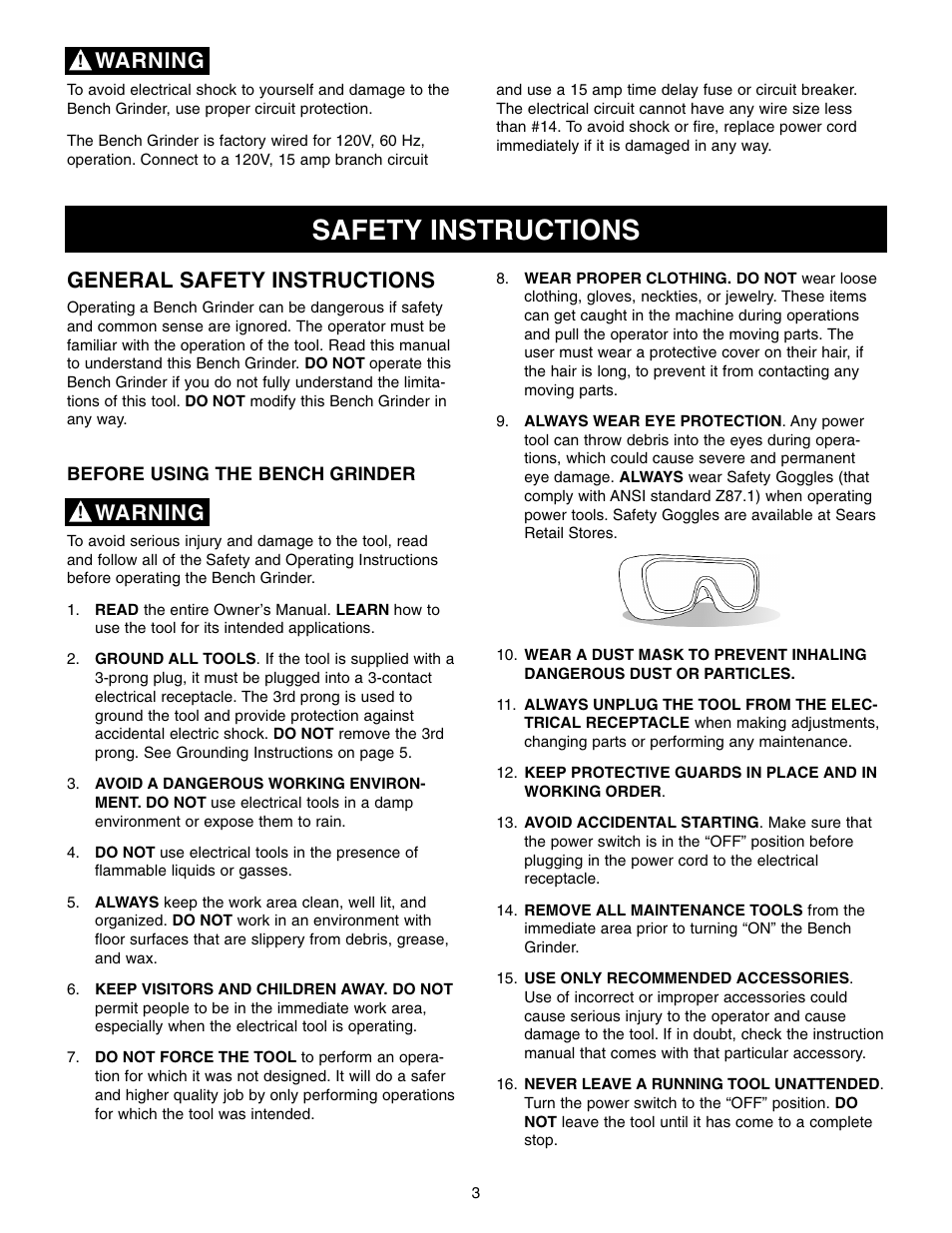 Safety instructions, General safety instructions, Warning | Craftsman 152.22018 User Manual | Page 3 / 19