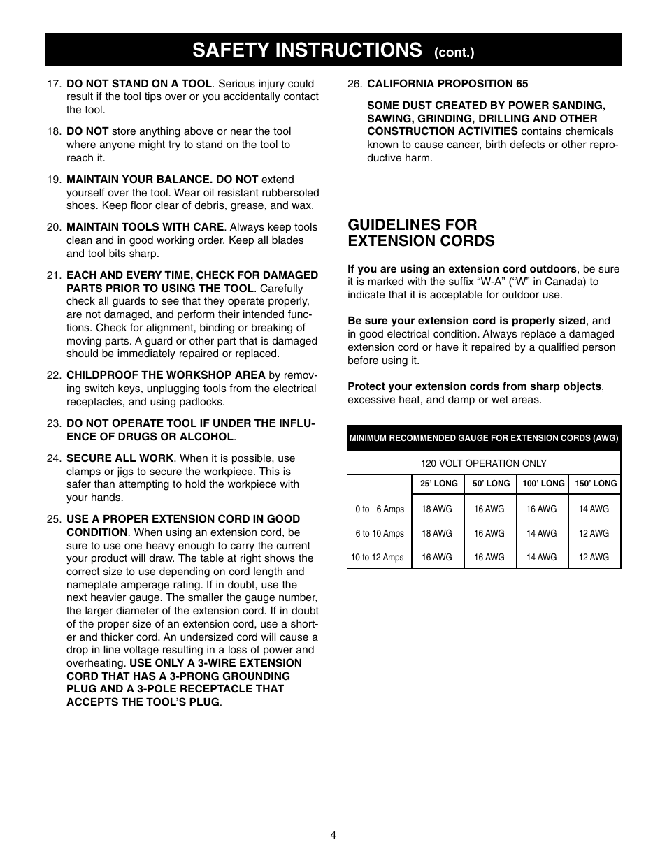 Safety instructions, Guidelines for extension cords | Craftsman 152.22018 User Manual | Page 4 / 19