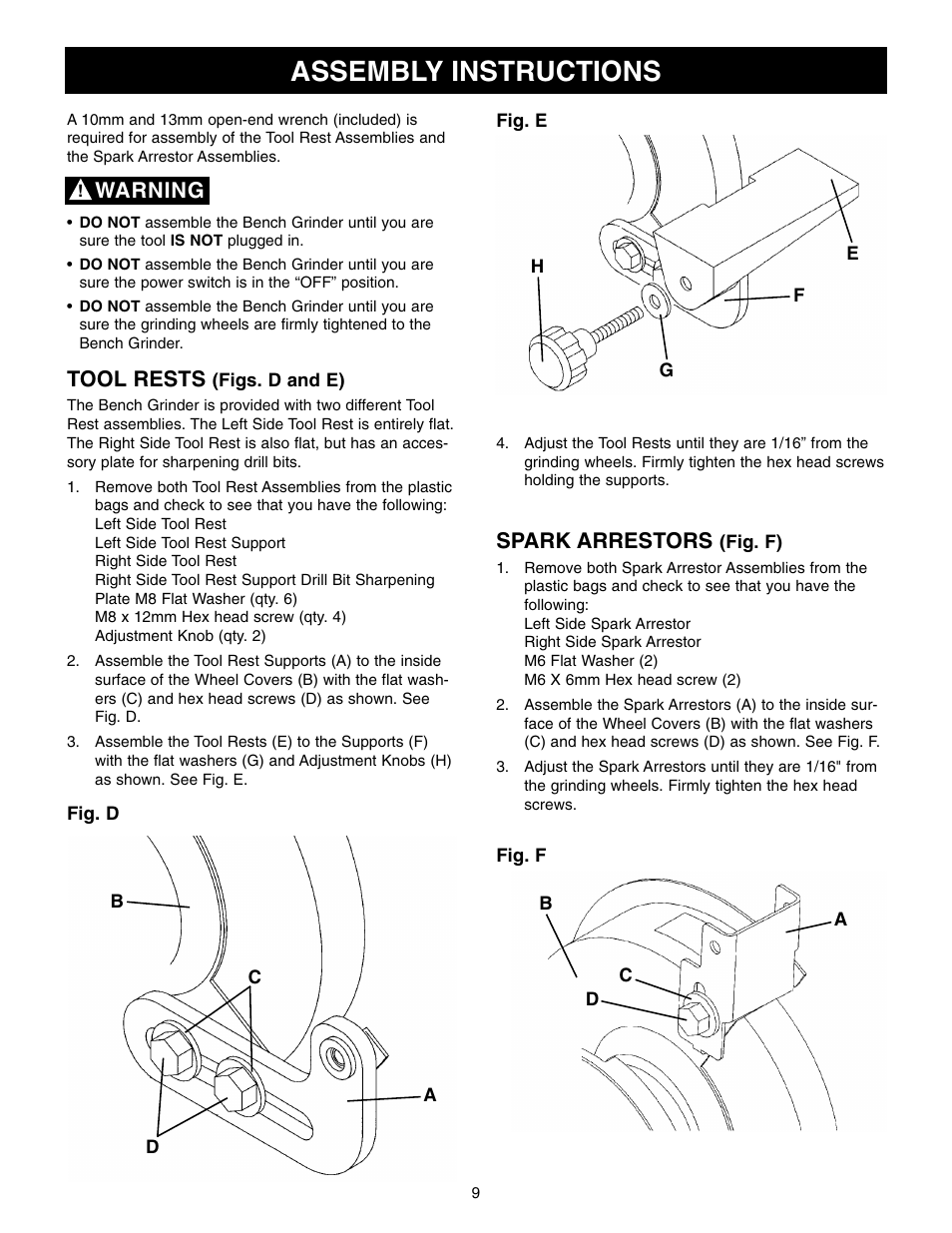 Assembly instructions, Tool rests, Spark arrestors | Warning | Craftsman 152.22018 User Manual | Page 9 / 19