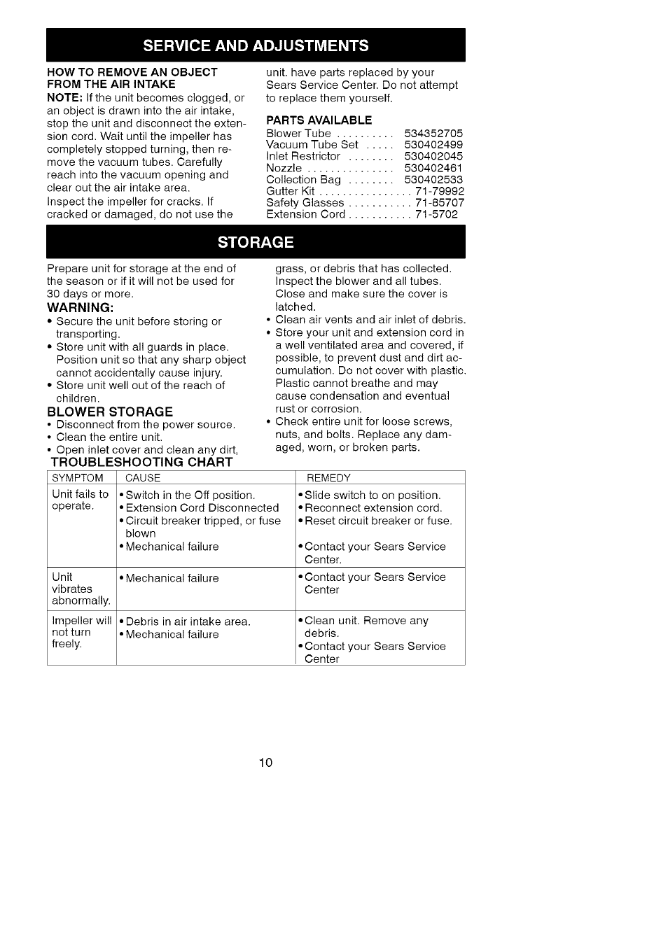 Service and adjustments, Storage, Warning | Blower storage, Troubleshooting chart | Craftsman 358.798370 User Manual | Page 10 / 10