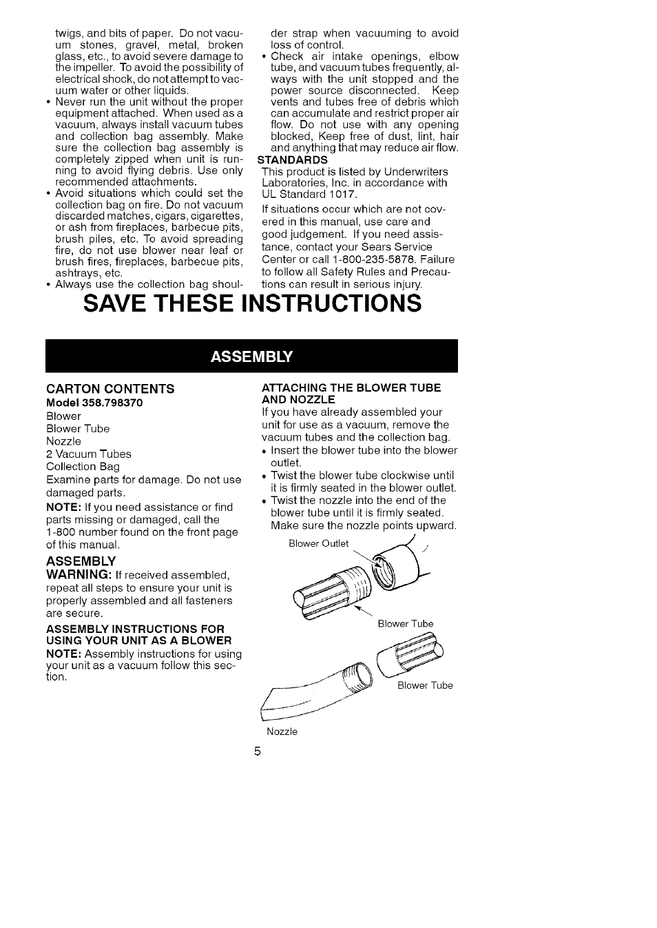 Save these instructions, Assembly, Carton contents | Craftsman 358.798370 User Manual | Page 5 / 10