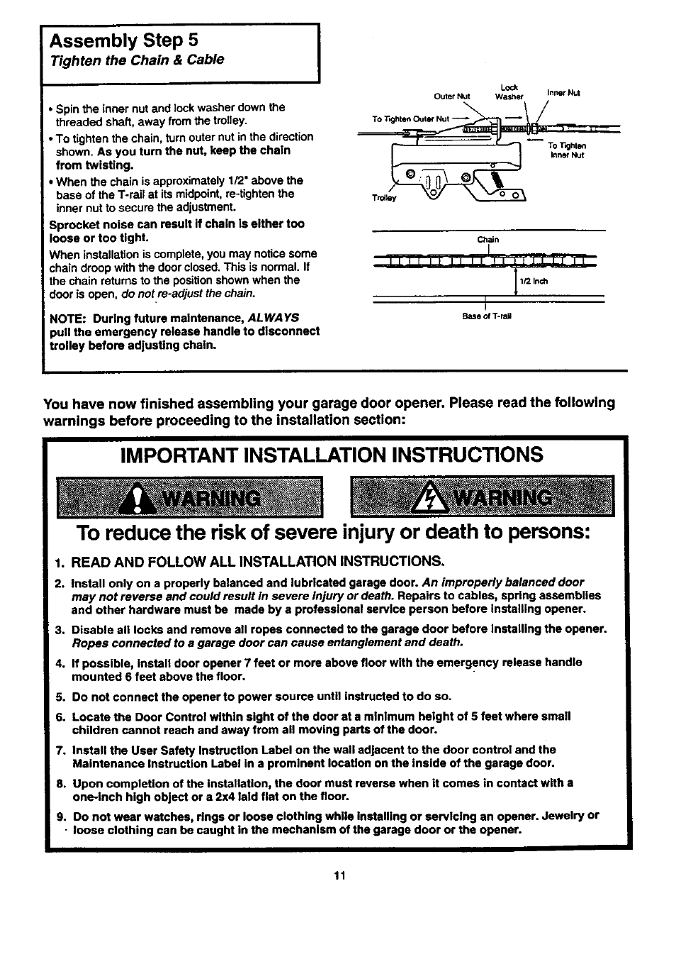 Read and follow all installation instructions, Important installation instructions, Assembly step 5 | Craftsman 139.53674SRT User Manual | Page 11 / 40