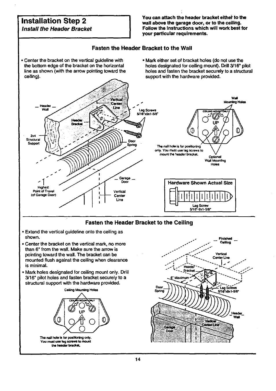Fasten the header bracket to the wall, Installation step 2 | Craftsman 139.53674SRT User Manual | Page 14 / 40