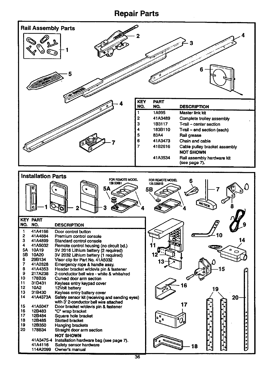 Repair parts, Installation parts | Craftsman 139.53674SRT User Manual | Page 36 / 40