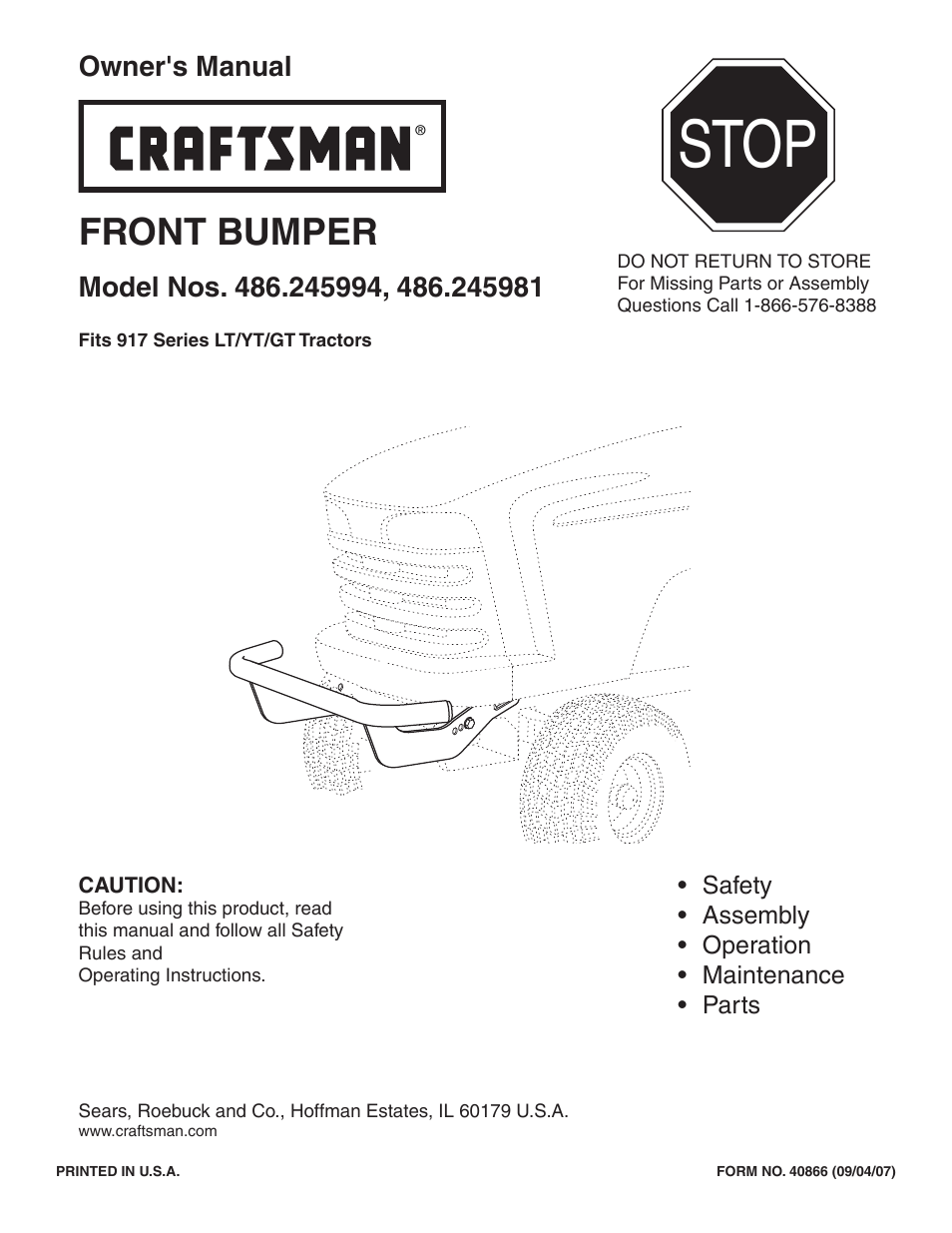 Craftsman FRONT BUMPER 486.245981 User Manual | 8 pages