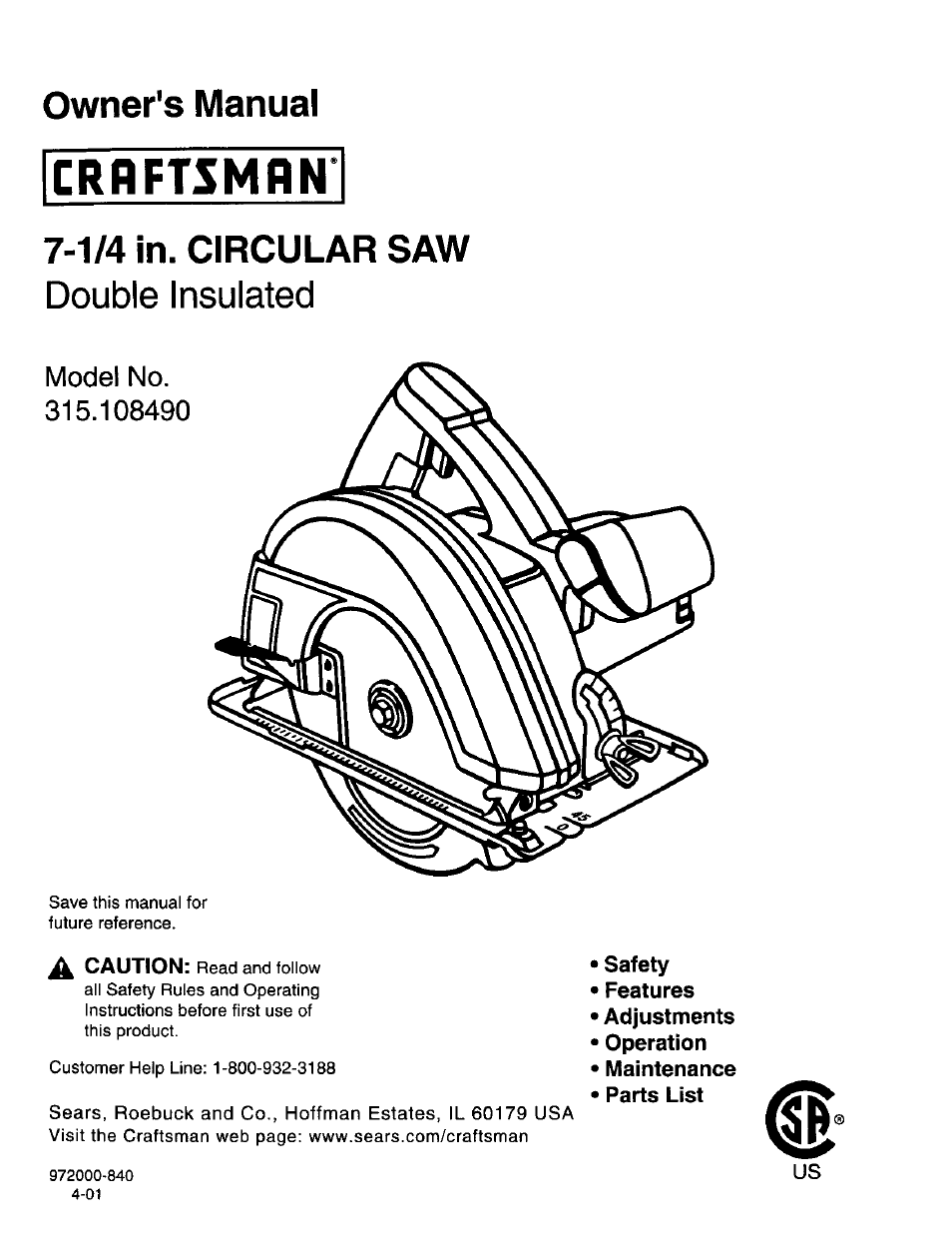 Craftsman 315.108490 User Manual | 20 pages