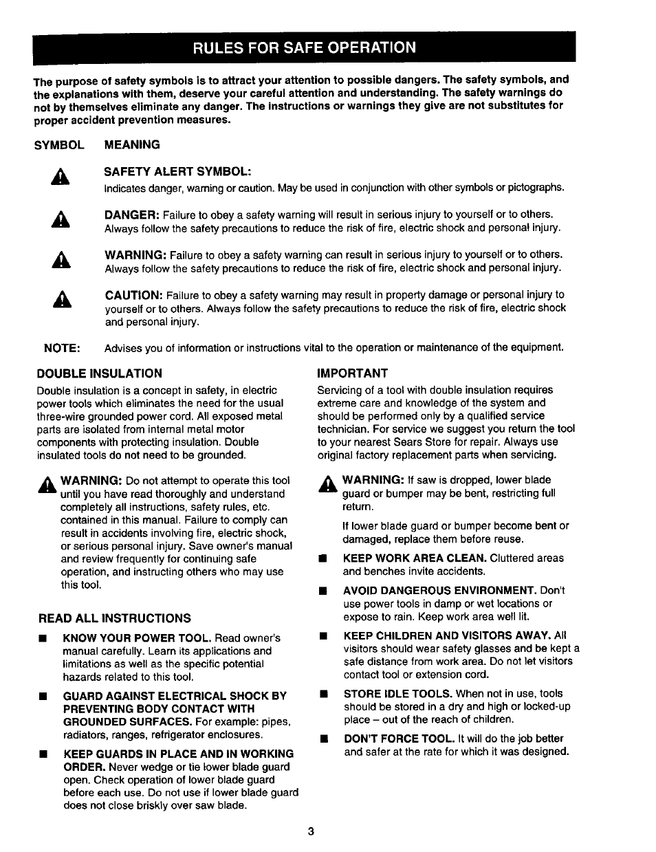 Rules for safe operation | Craftsman 315.108490 User Manual | Page 3 / 20