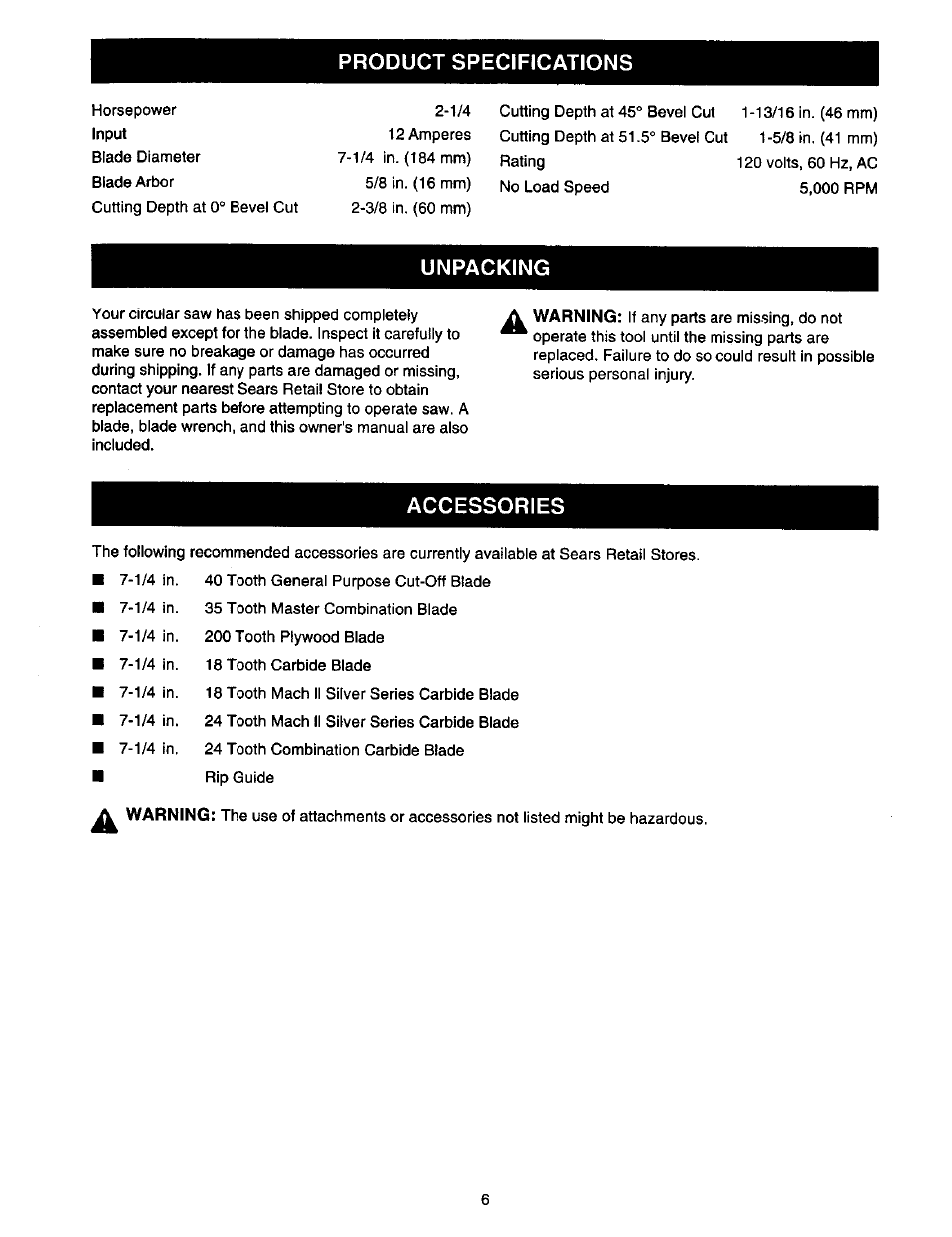 Product specifications, Unpacking, Accessories | Craftsman 315.108490 User Manual | Page 6 / 20