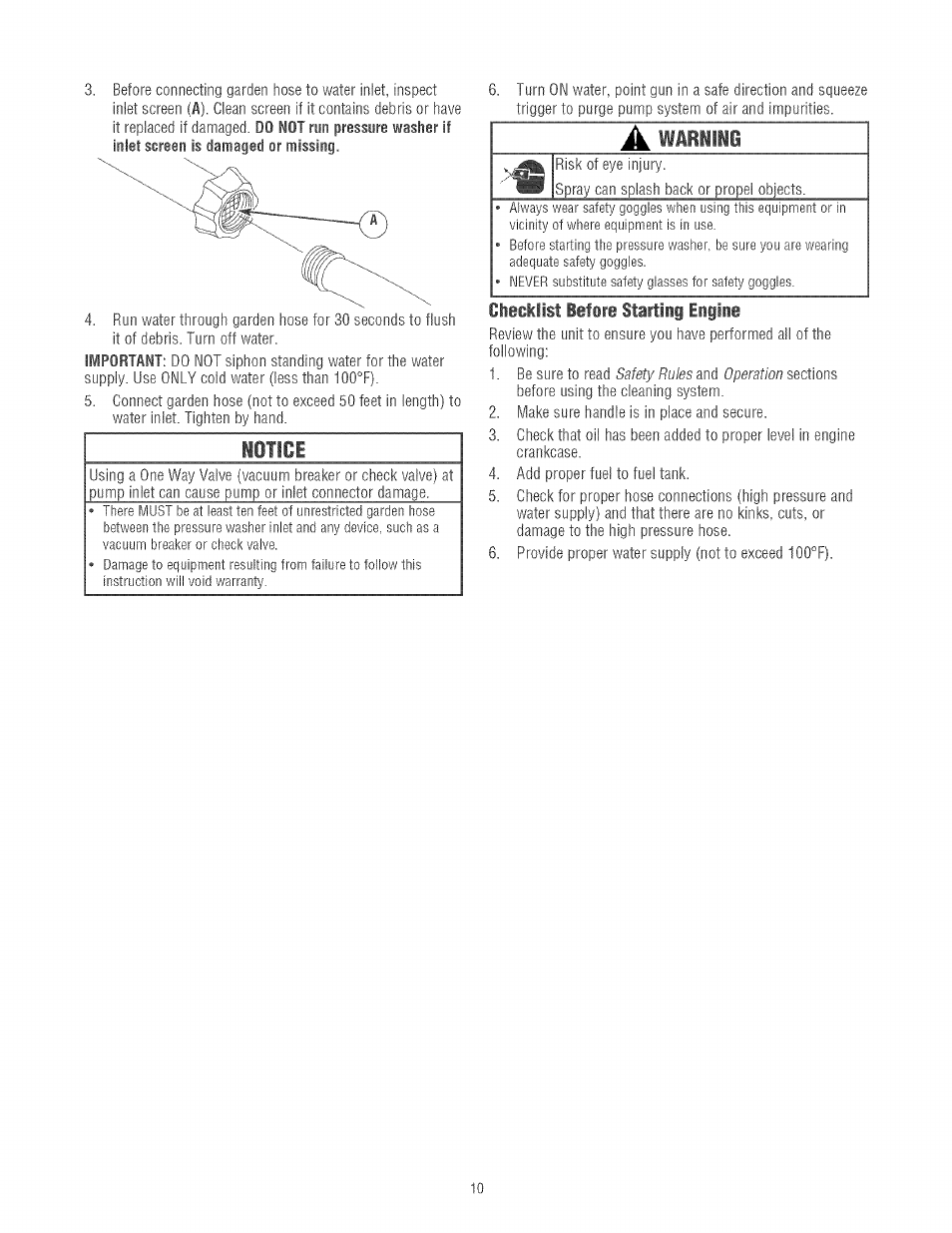 Iotice, Cheeklist befsre starting engine, A wirilk | Craftsman 580.752130 User Manual | Page 10 / 60