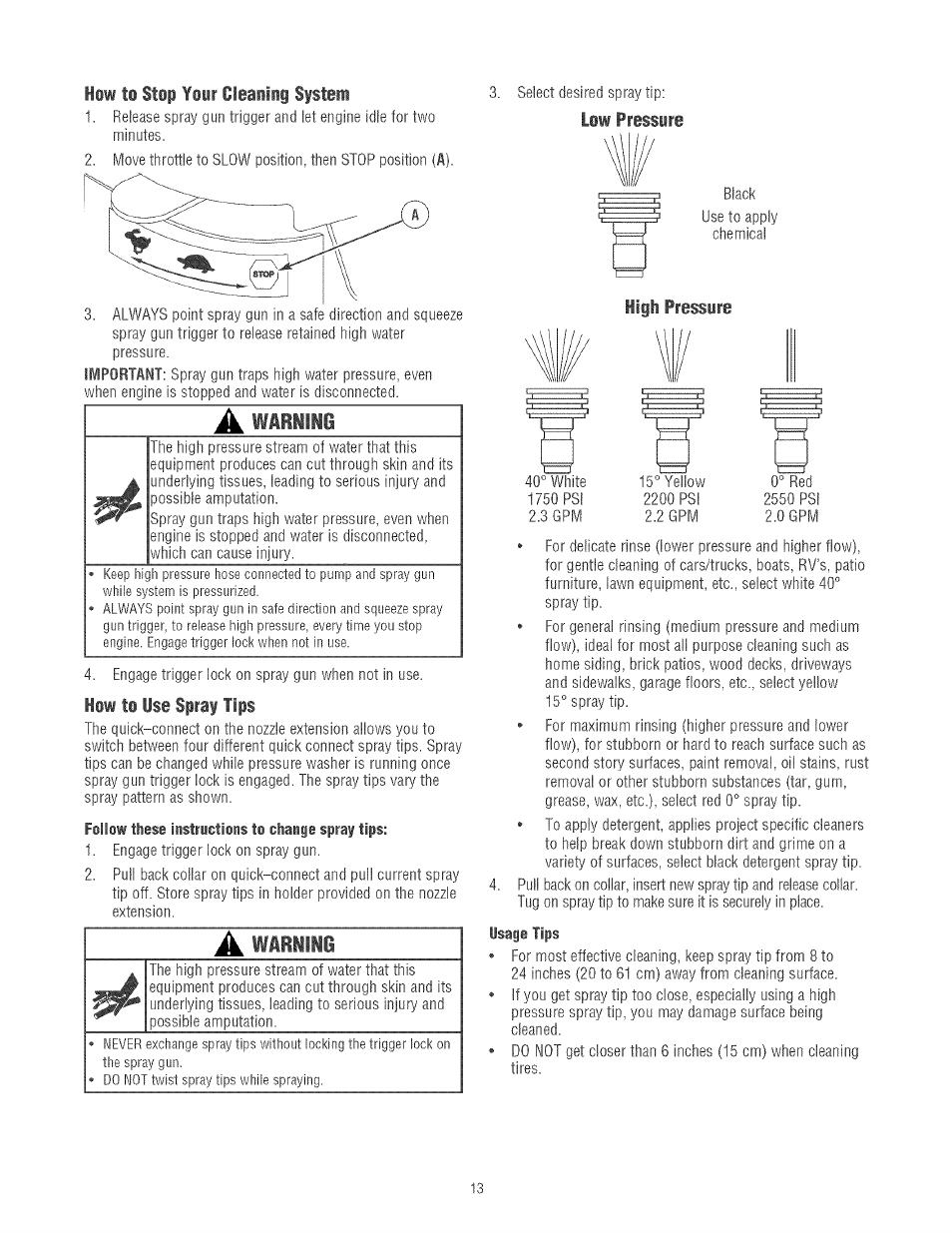 How ti stop yoir cleaniig sptem, How ti use spray tips, Low pressure | Hi|l pressure | Craftsman 580.752130 User Manual | Page 13 / 60