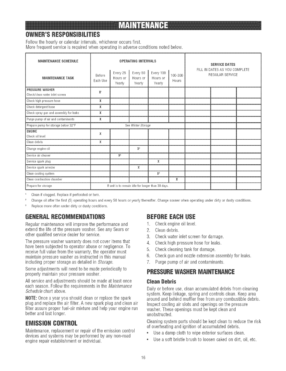 Owner’s responsibilities, General recommendations, Emission control | Before each use, Maintenanc, General | Craftsman 580.752130 User Manual | Page 16 / 60