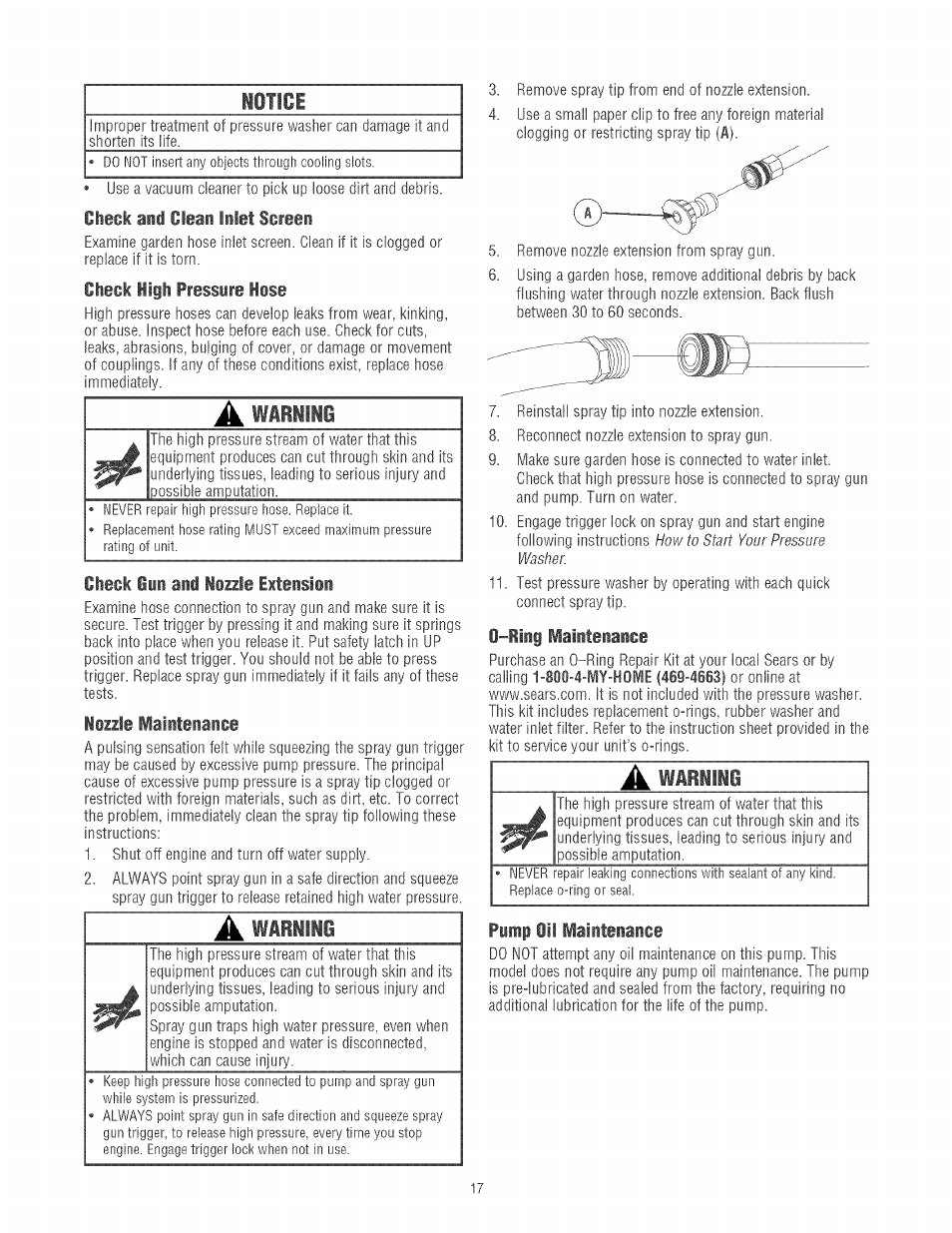 Iotlci, Check and clean inlet screen, Check high pressure hose | A warning, Check ijii and iszzle extension, Iozzie maintenance, O-ftini maintenance, Pump oil maintenance, A warliie, Fir 4i | Craftsman 580.752130 User Manual | Page 17 / 60