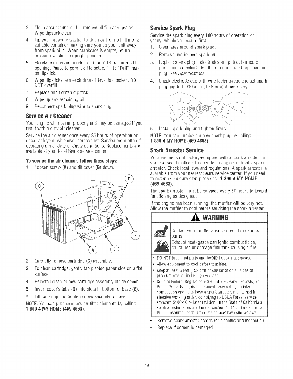 Serwice iir cleaner, Serwice spark plug, Spark arrester serfice | A warning | Craftsman 580.752130 User Manual | Page 19 / 60