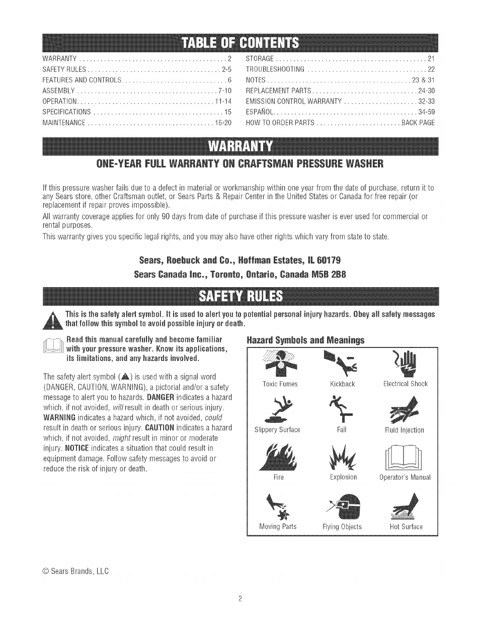 Table of conten, Warranty, Safety rule | Hazard symbols and meanings | Craftsman 580.752130 User Manual | Page 2 / 60