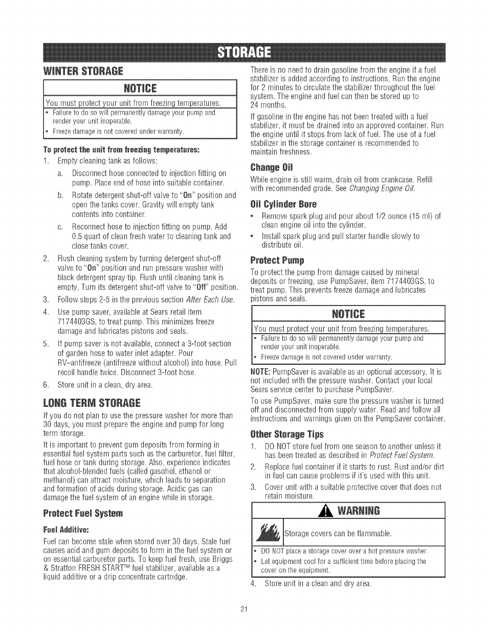 Wlitir storaie, L0i6 tiril stiiiie, Protect fuel system | Fuel additive, Change oil, Oil cylinder bore, Protect pump, Iotlce, Other storage tips, Storag | Craftsman 580.752130 User Manual | Page 21 / 60