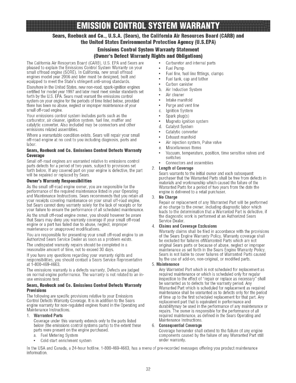 Emission control system warranty | Craftsman 580.752130 User Manual | Page 32 / 60