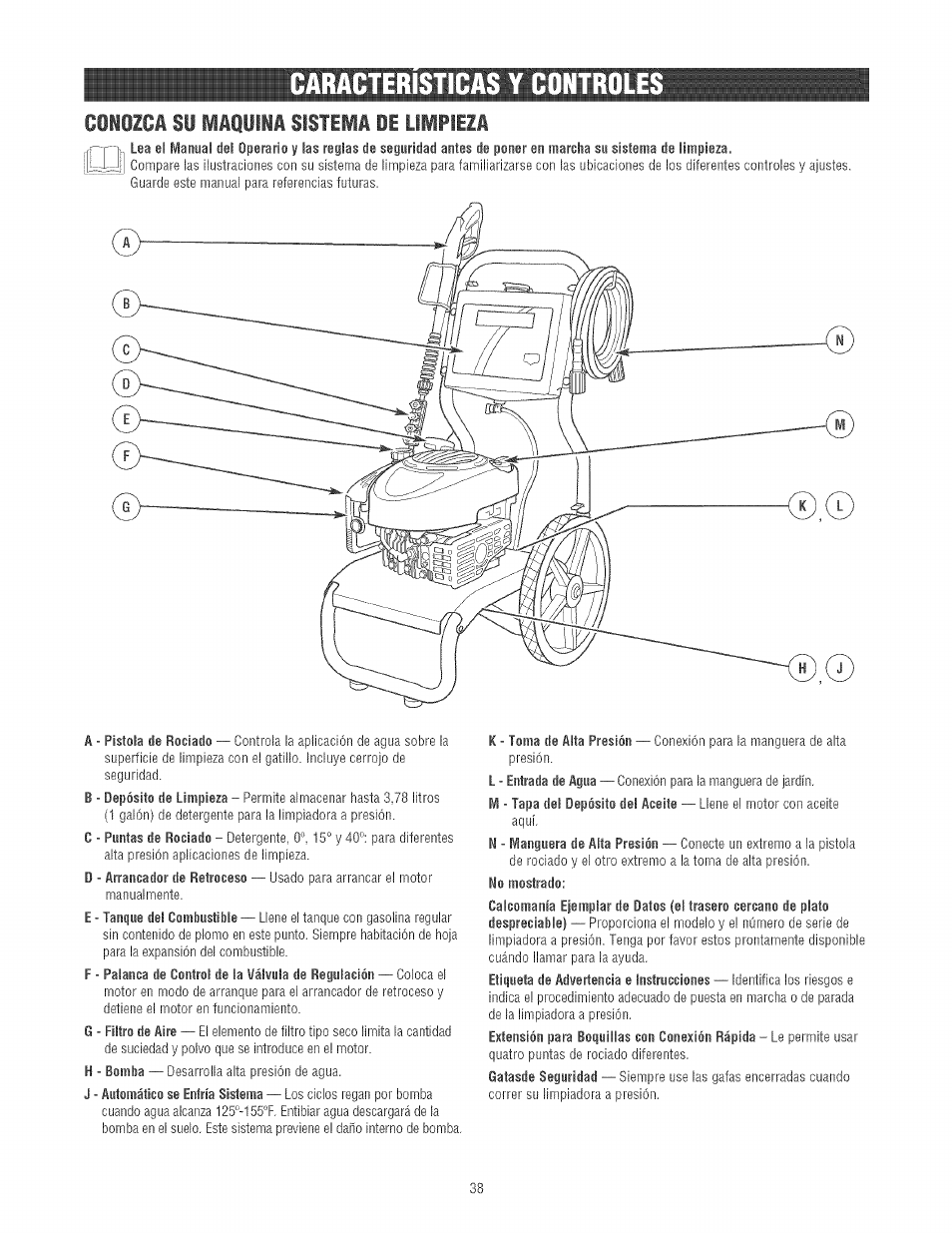 Ciiizci si maiilii sistimi íe lilipiezi, Caracteristicas y controle | Craftsman 580.752130 User Manual | Page 38 / 60