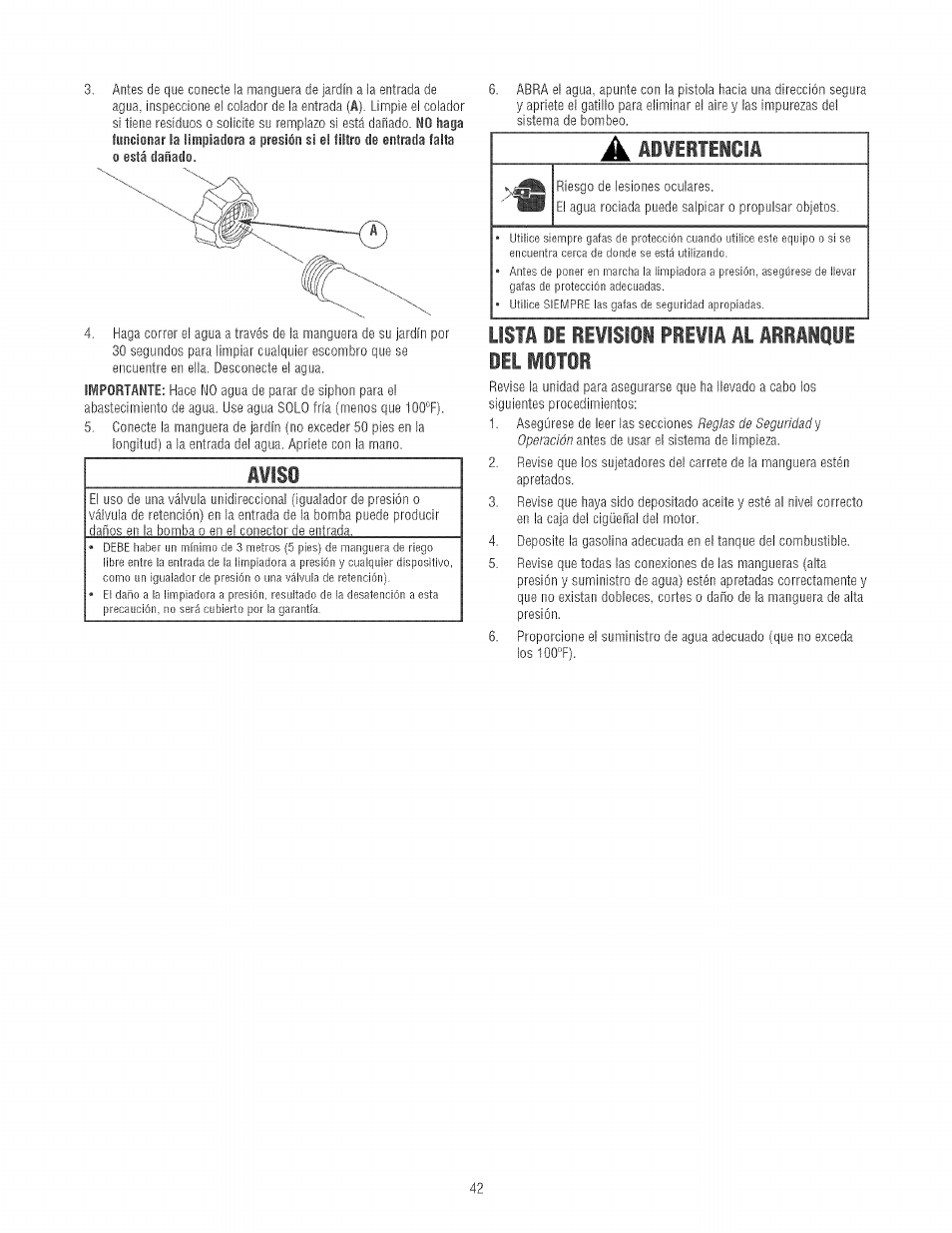 Listft de rewisioi preiia al arrailie del motor, A advertencia | Craftsman 580.752130 User Manual | Page 42 / 60