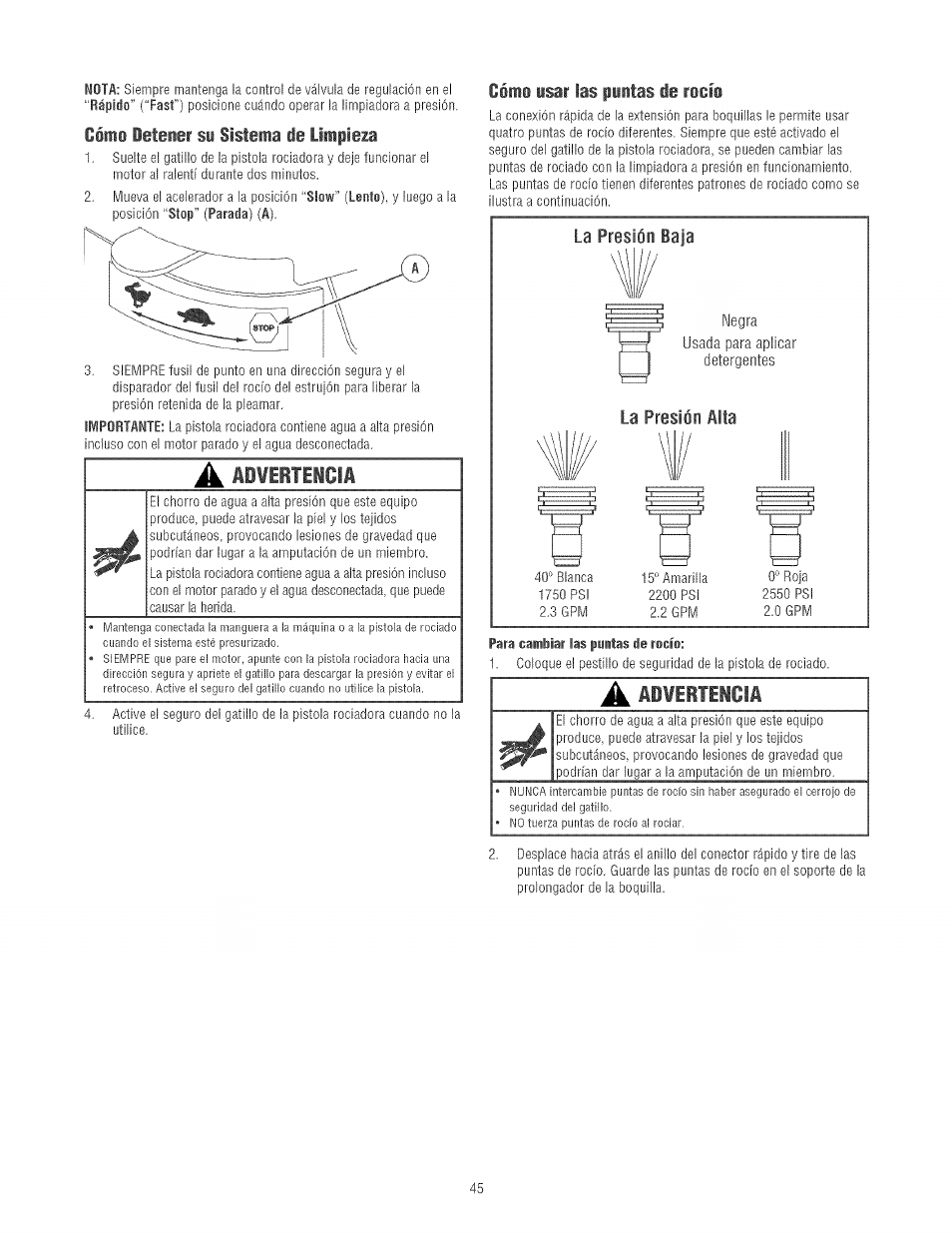 Cómo ietenei su sistema de limpieza, Cómo isar las putas ie rocíi, Advertencia | Craftsman 580.752130 User Manual | Page 45 / 60