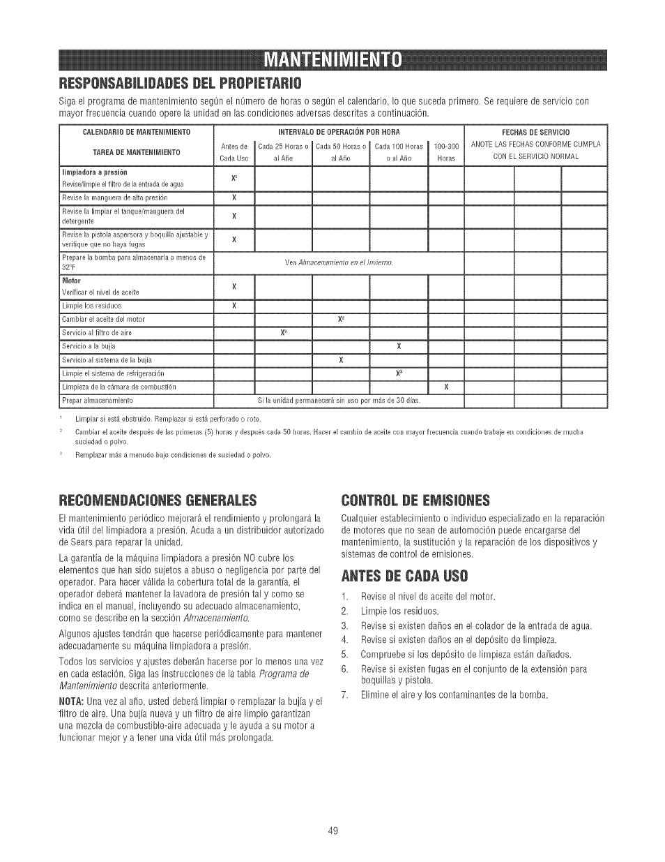 Respoisibilidiles del propietirii, Recomendaciones generales, Control de emisiones | Tes de caía uso, Mantenimiento, Alm acenam iento, Program a de mantenim iento | Craftsman 580.752130 User Manual | Page 49 / 60