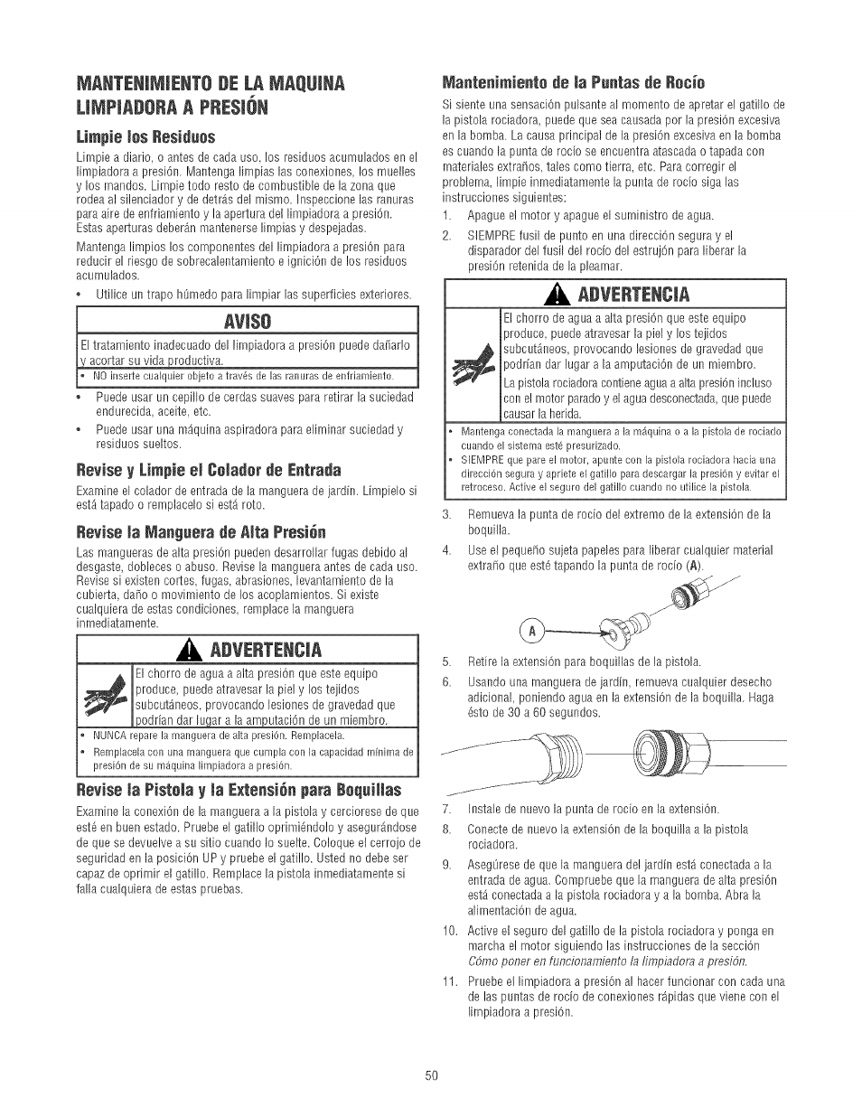 Laiteillleito de li limpiiiori i preslii, Limpie lis resiiits, A¥is0 | Rewise f limpie el ciiador ie entrada, Rewise la maiguera de aita presión, A advertencia, Rewise la pistiia y la extensión para biquillas, A liwertiicli | Craftsman 580.752130 User Manual | Page 50 / 60