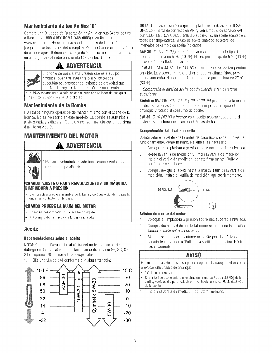 Mantenimiento de la bomba, Aceite | Craftsman 580.752130 User Manual | Page 51 / 60
